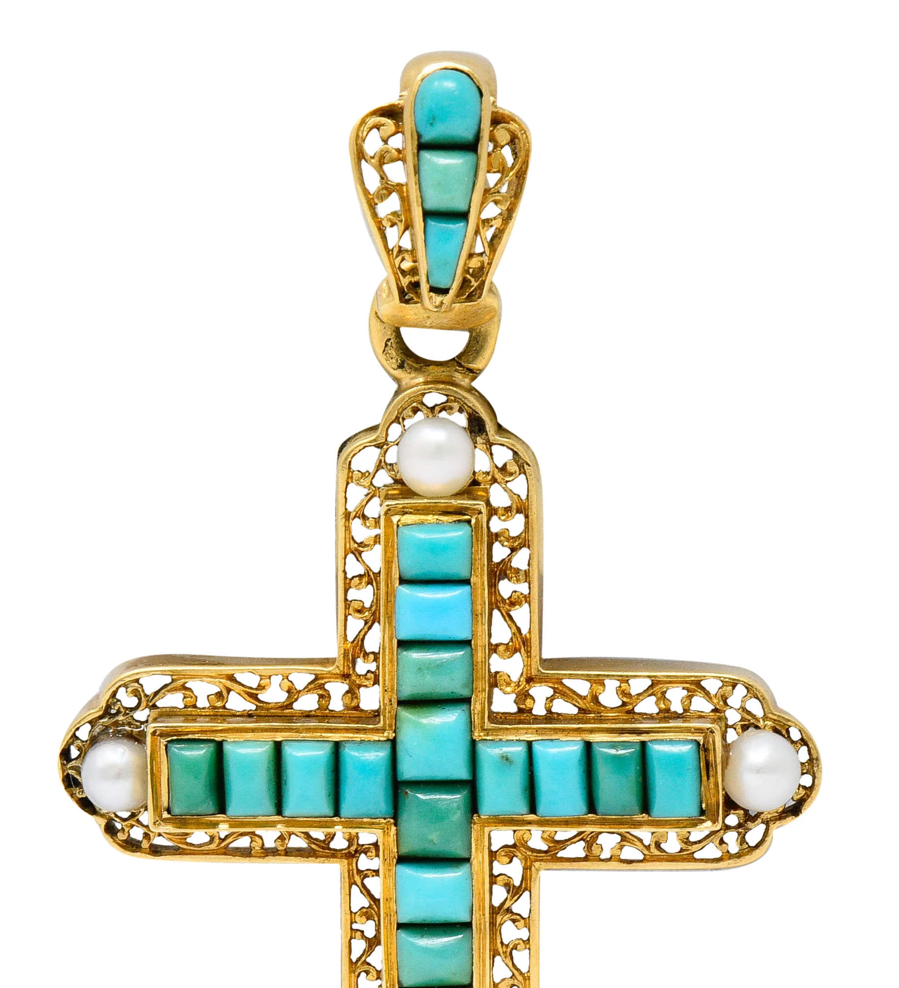 French Victorian Turquoise Pearl 18 Karat Gold Cross Pendant - Image 7