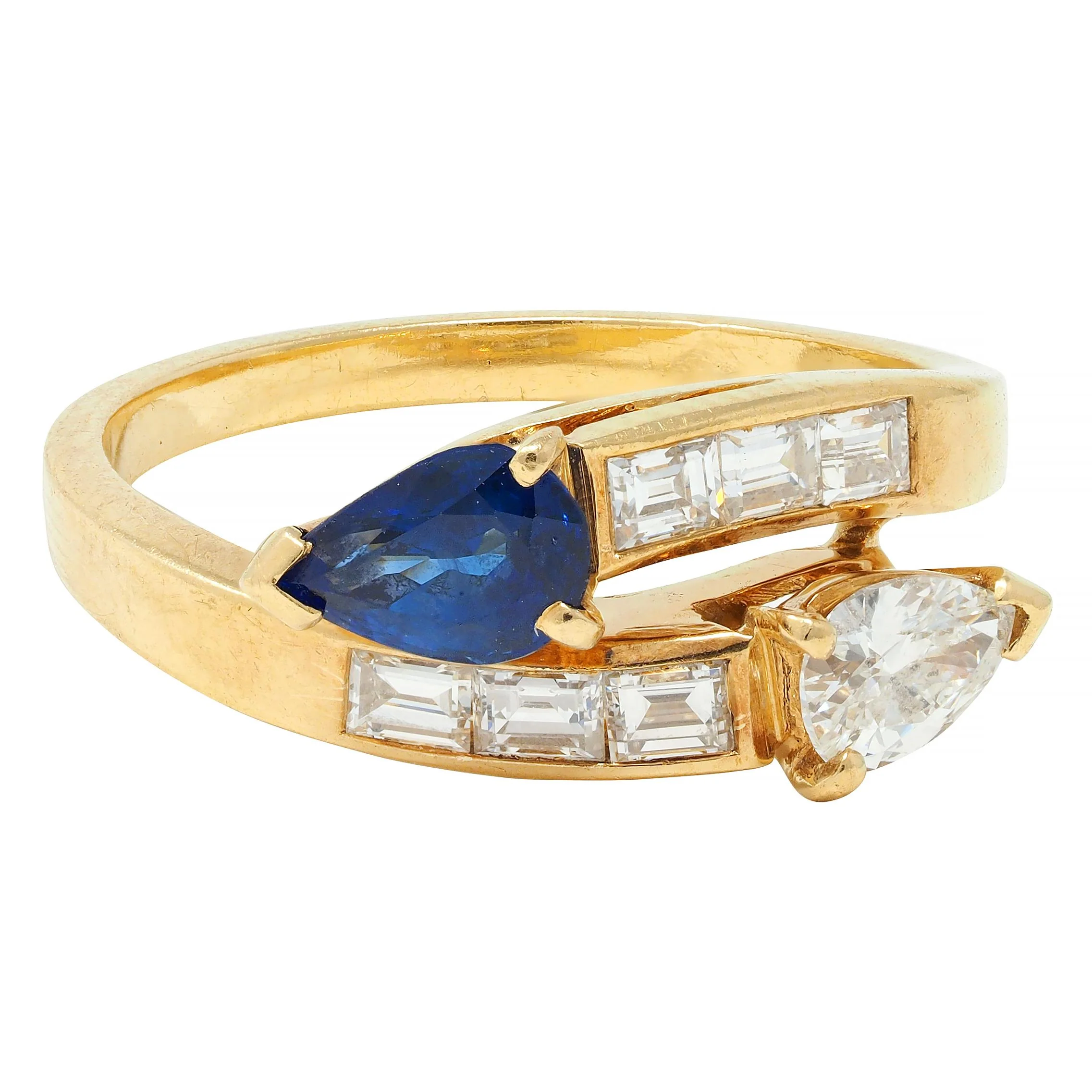 French Vintage Pear Cut 1.47 CTW Diamond Sapphire Bypass Channel Ring - Image 2
