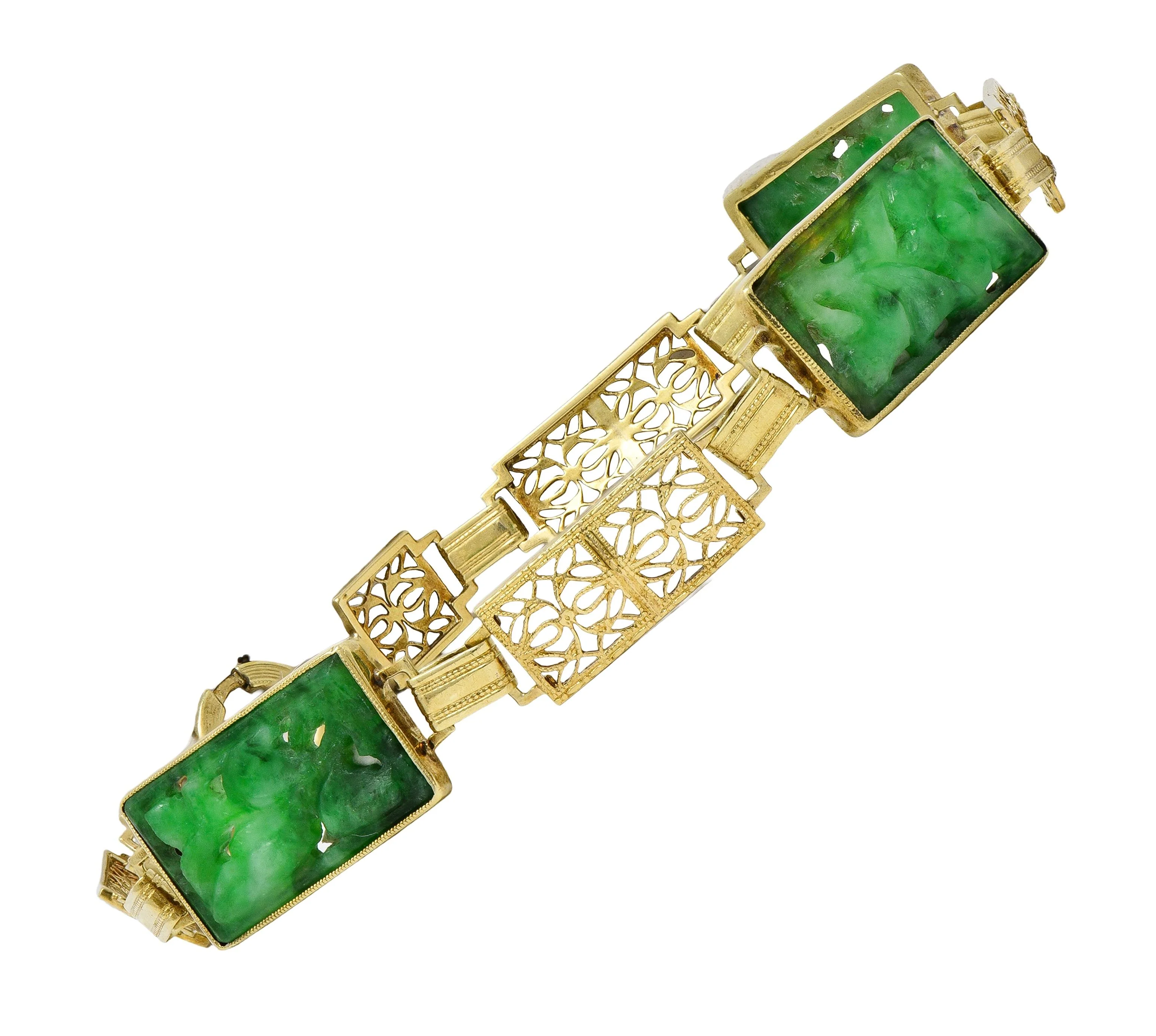 Fritzsche & Co. Art Deco Carved Jade 14 Karat Yellow Gold Antique Floral Link Bracelet