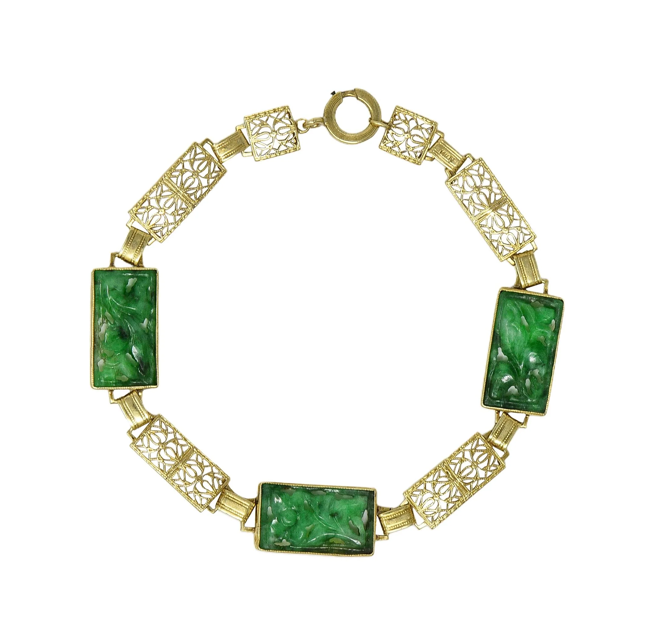 Fritzsche & Co. Art Deco Carved Jade 14 Karat Yellow Gold Antique Floral Link Bracelet - Image 3