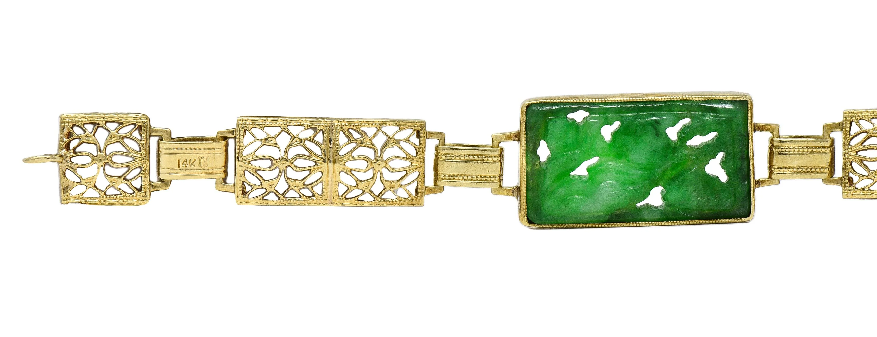 Fritzsche & Co. Art Deco Carved Jade 14 Karat Yellow Gold Antique Floral Link Bracelet - Image 4