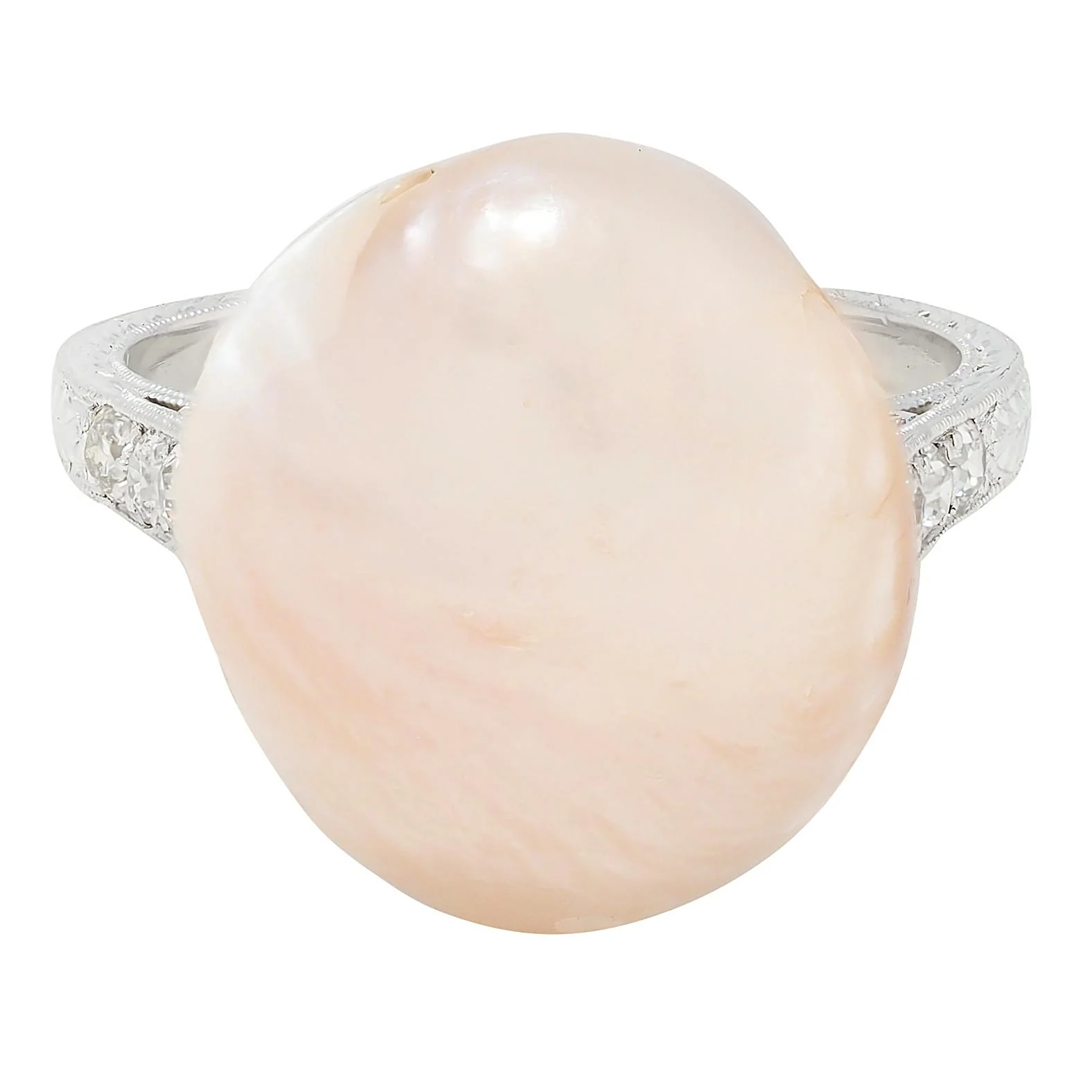Fulmer Co. Art Deco Light Pink Natural Unionidae Pearl Diamond Platinum Antique Dinner Ring GIA