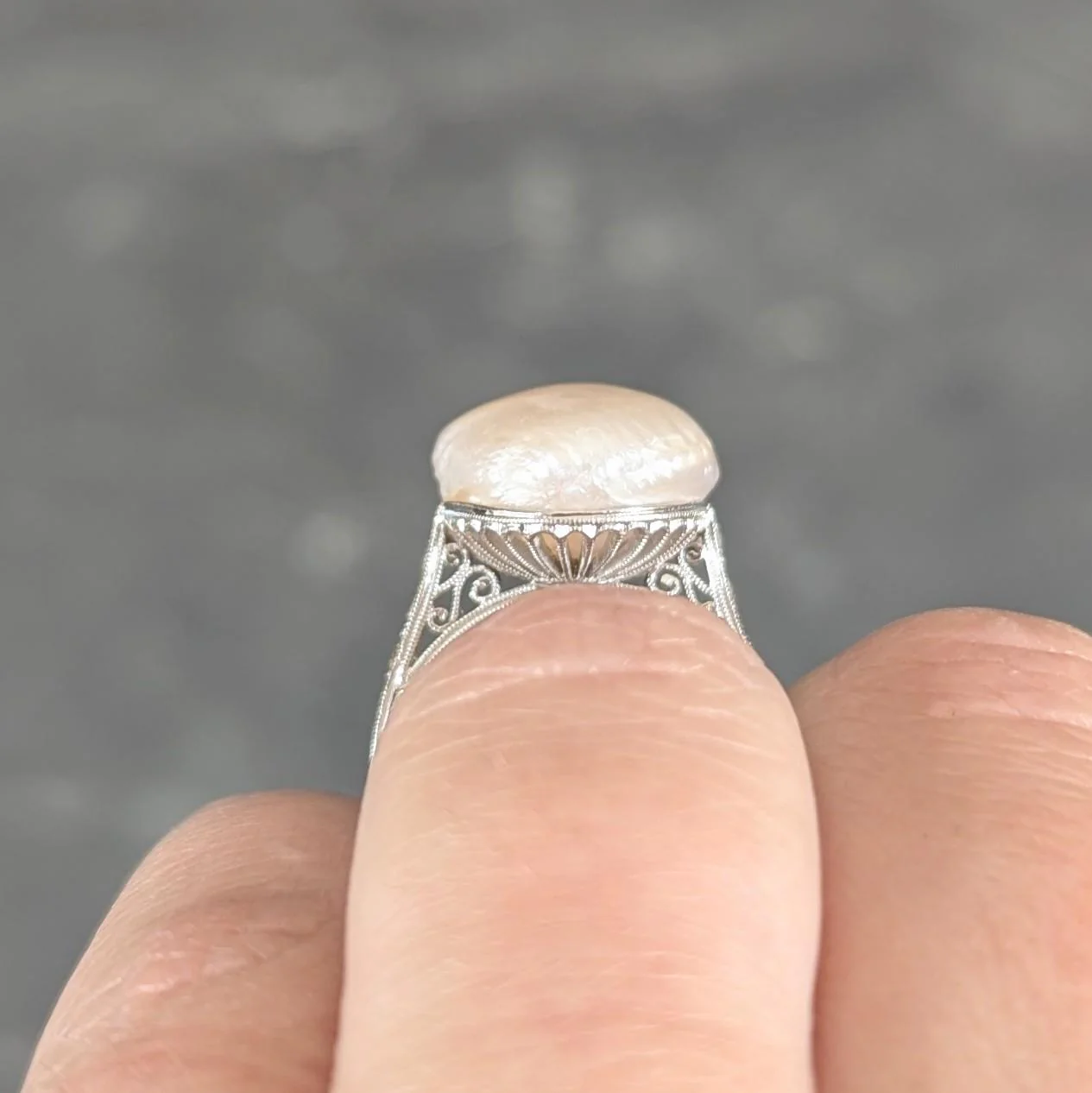 Fulmer Co. Art Deco Light Pink Natural Unionidae Pearl Diamond Platinum Antique Dinner Ring GIA - Image 11
