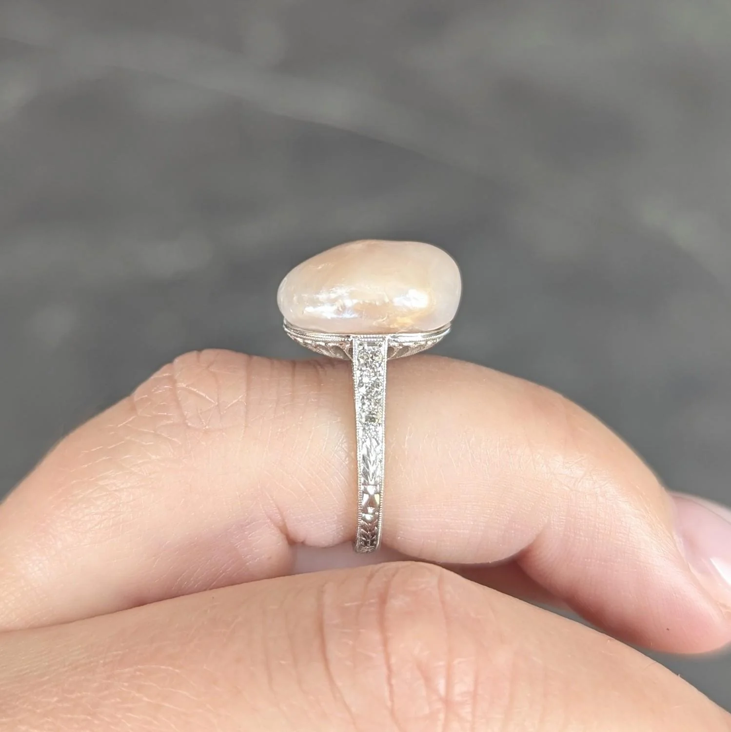 Fulmer Co. Art Deco Light Pink Natural Unionidae Pearl Diamond Platinum Antique Dinner Ring GIA - Image 12