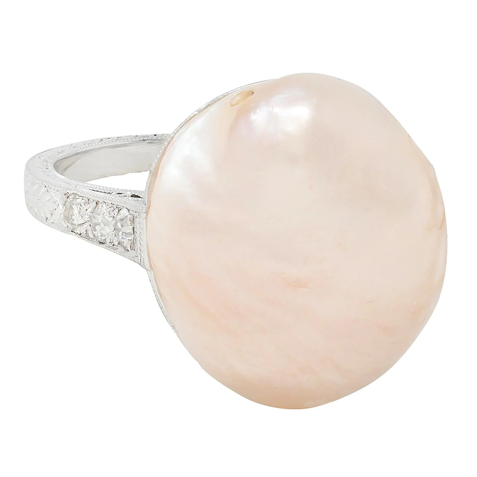 Fulmer Co. Art Deco Light Pink Natural Unionidae Pearl Diamond Platinum Antique Dinner Ring GIA - Image 2