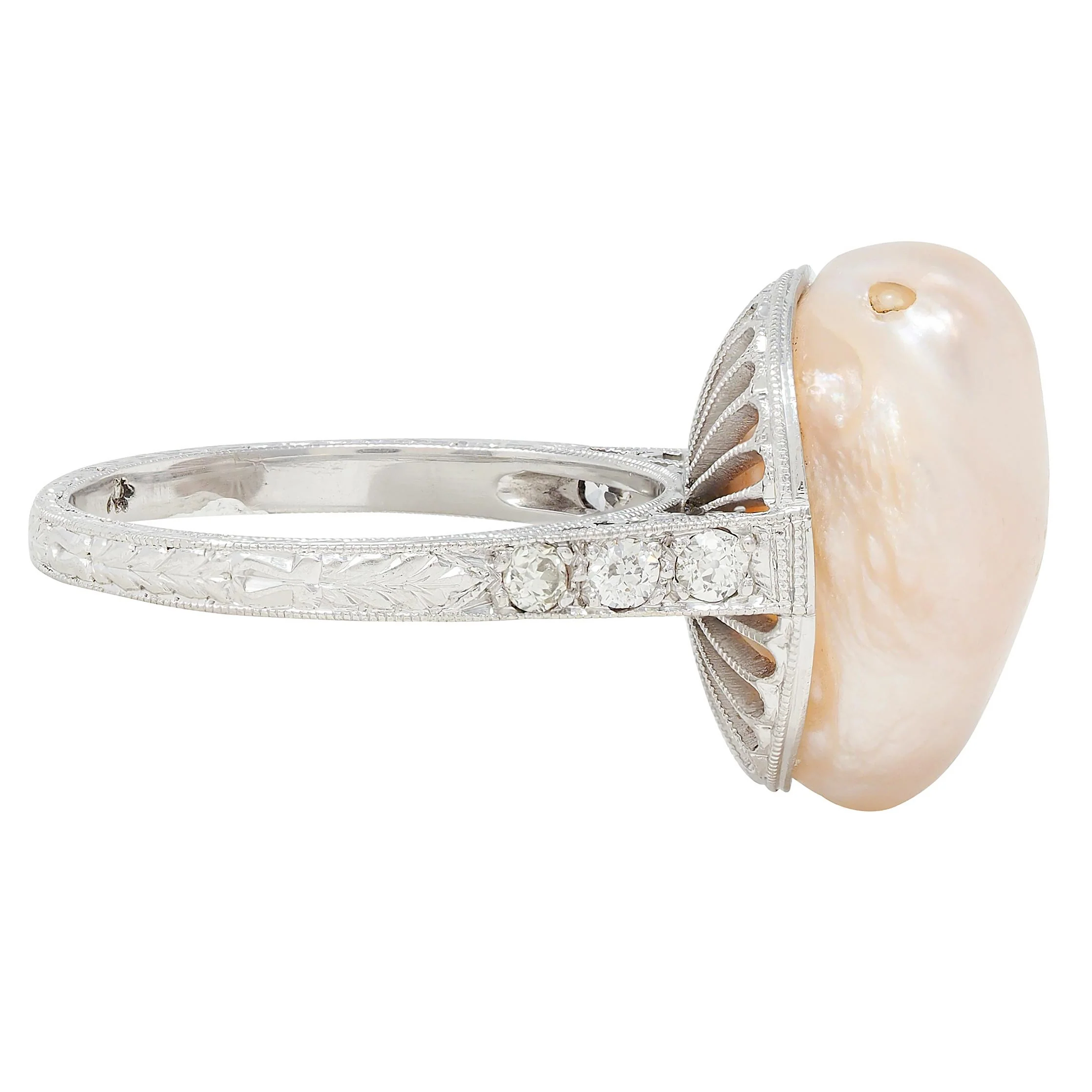 Fulmer Co. Art Deco Light Pink Natural Unionidae Pearl Diamond Platinum Antique Dinner Ring GIA - Image 3