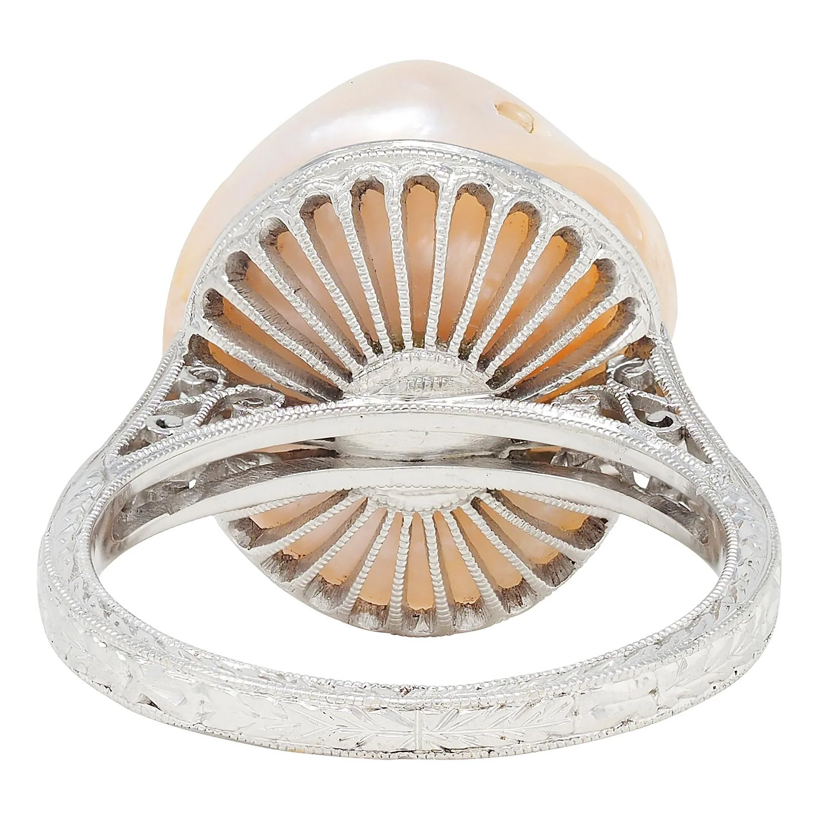 Fulmer Co. Art Deco Light Pink Natural Unionidae Pearl Diamond Platinum Antique Dinner Ring GIA - Image 4