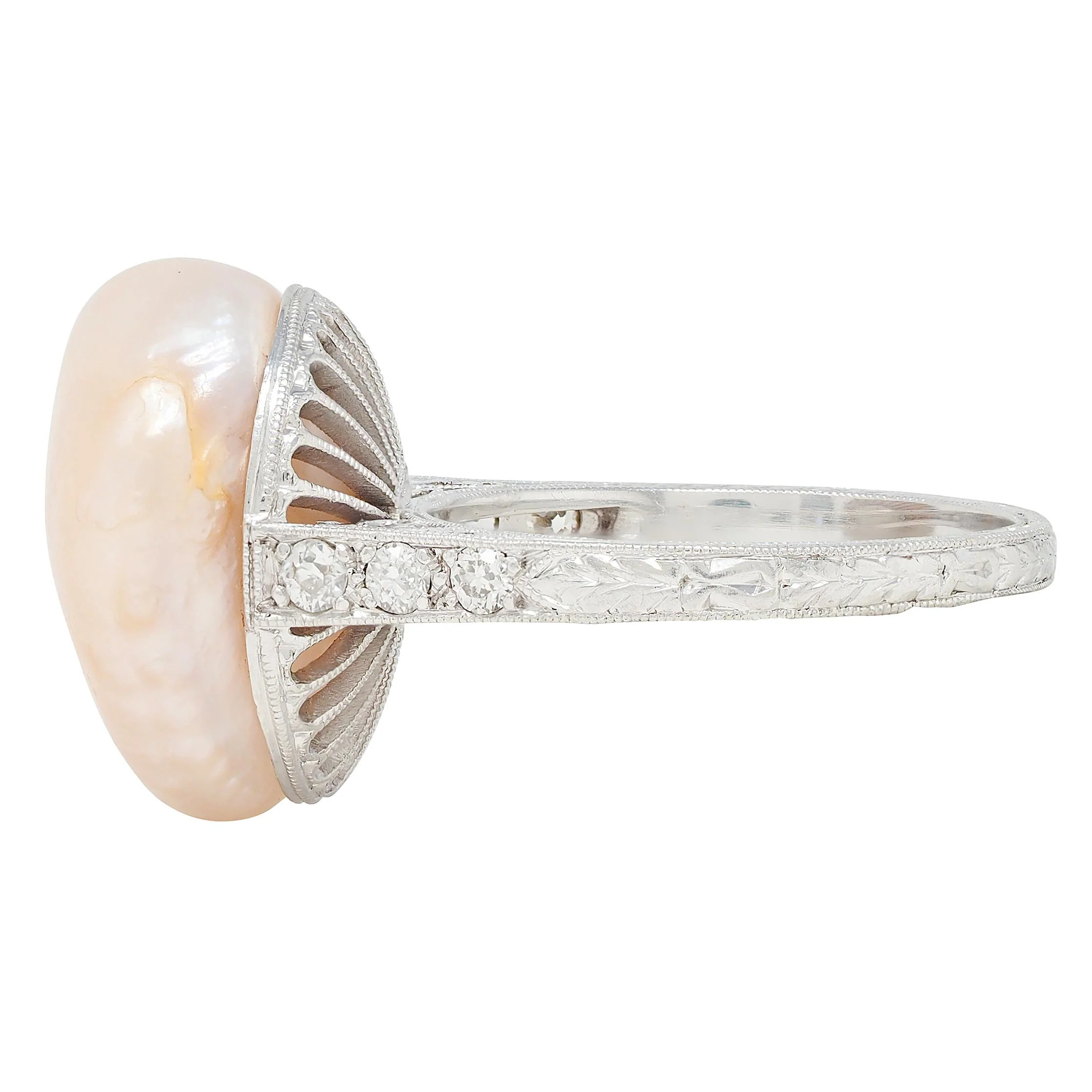 Fulmer Co. Art Deco Light Pink Natural Unionidae Pearl Diamond Platinum Antique Dinner Ring GIA - Image 5