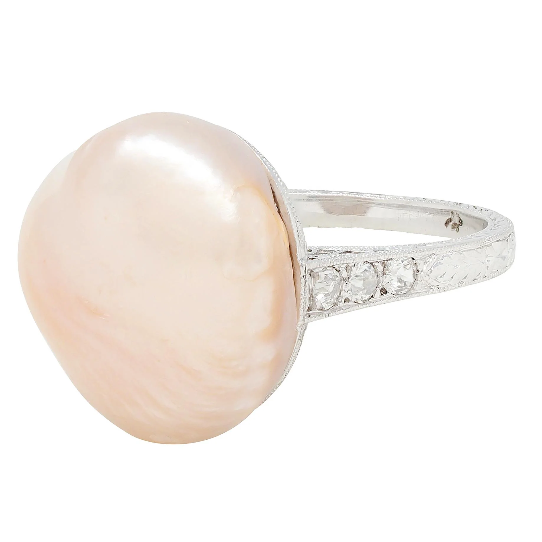 Fulmer Co. Art Deco Light Pink Natural Unionidae Pearl Diamond Platinum Antique Dinner Ring GIA - Image 6