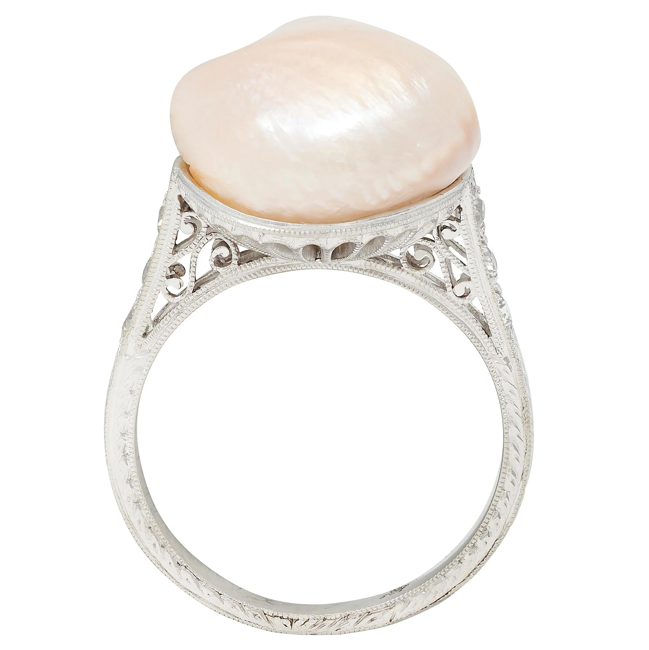 Fulmer Co. Art Deco Light Pink Natural Unionidae Pearl Diamond Platinum Antique Dinner Ring GIA - Image 8