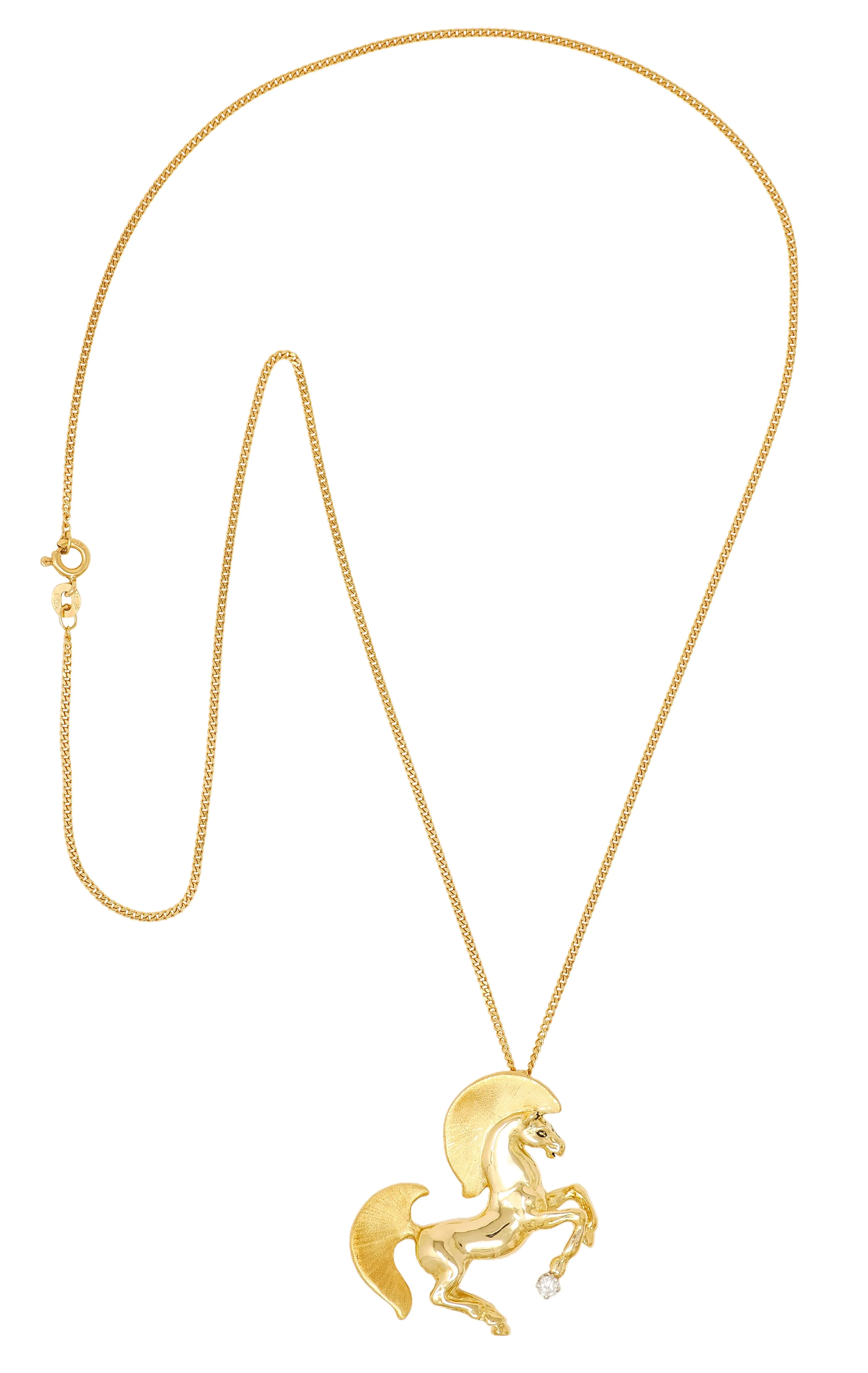 Gayle Bright 1986 18 Karat Two-Tone Gold Diamond Vintage Horse Pendant Necklace - Image 3