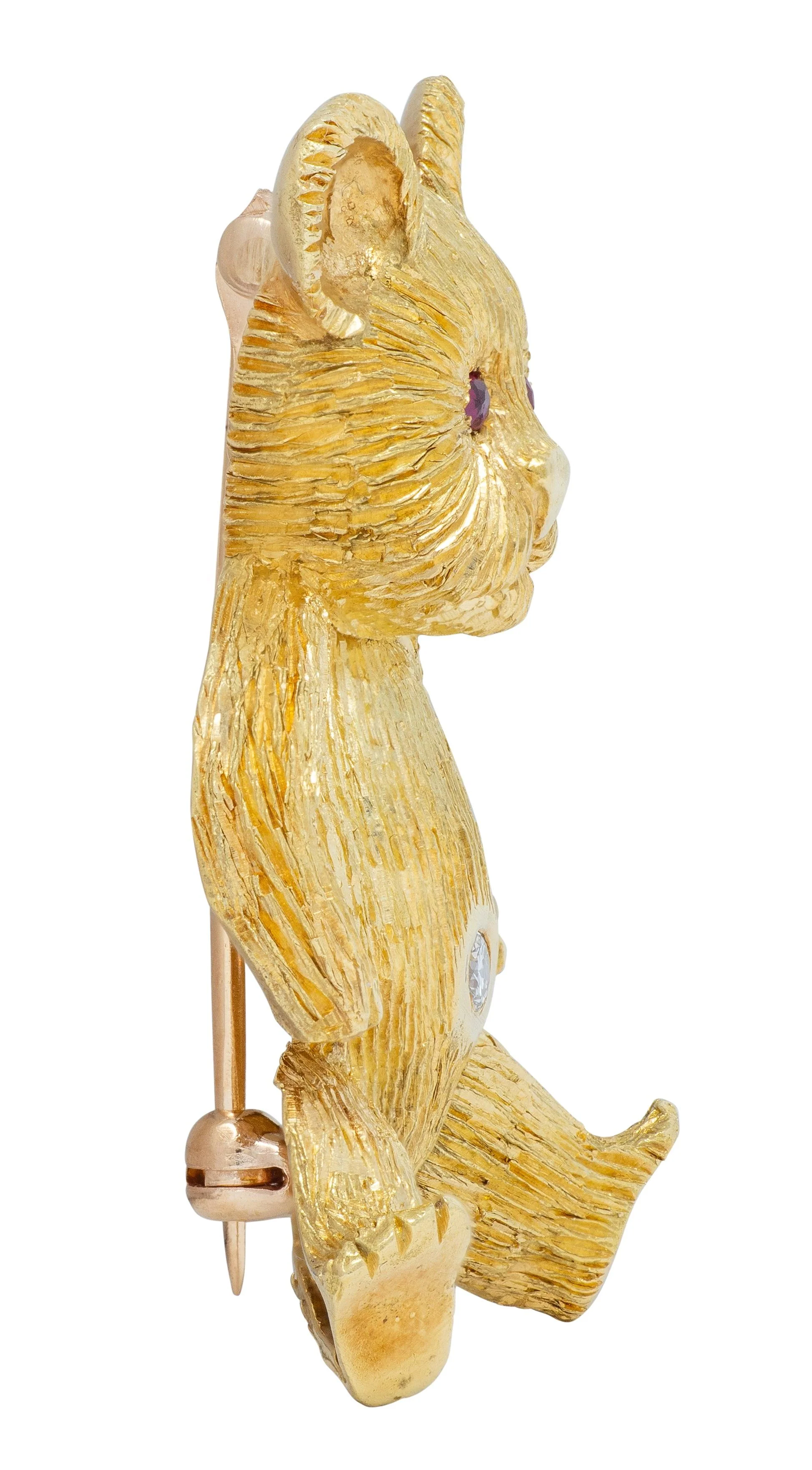1960's Ruby Diamond 18 Karat Yellow Gold Vintage Teddy Bear Animal Brooch - Image 5