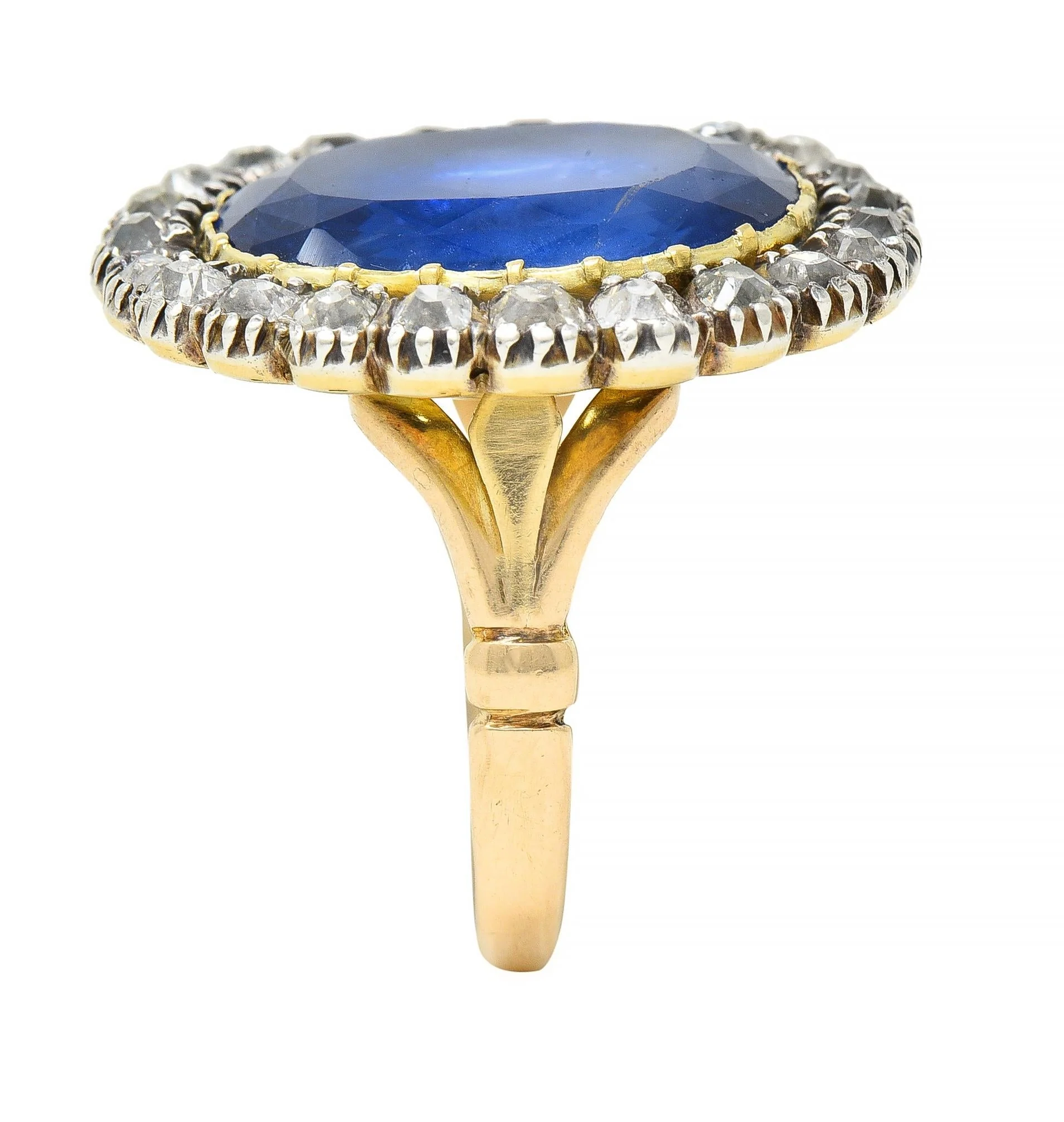 Georgian 13.01 CTW No Heat Burma Sapphire Diamond Silver 14 Karat Antique Gold Halo Ring GIA - Image 10