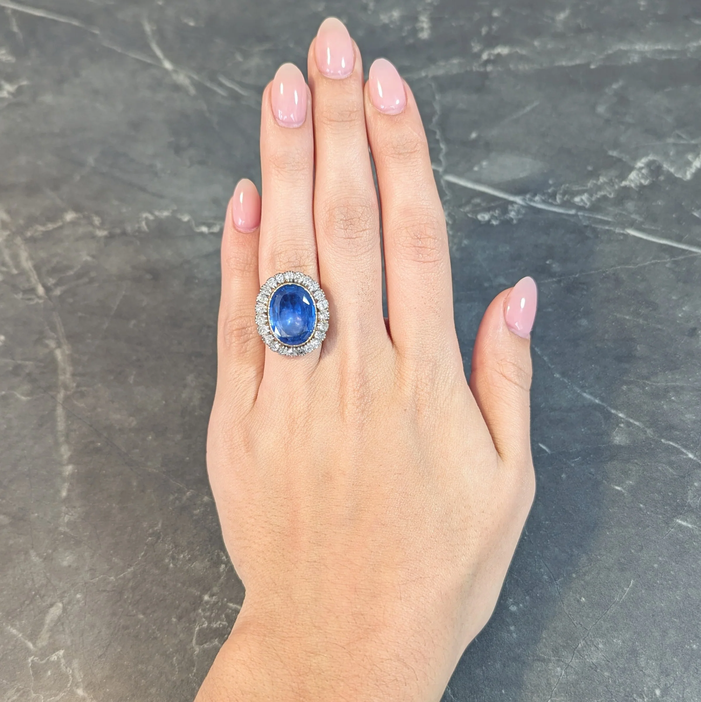 Georgian 13.01 CTW No Heat Burma Sapphire Diamond Silver 14 Karat Antique Gold Halo Ring GIA - Image 14