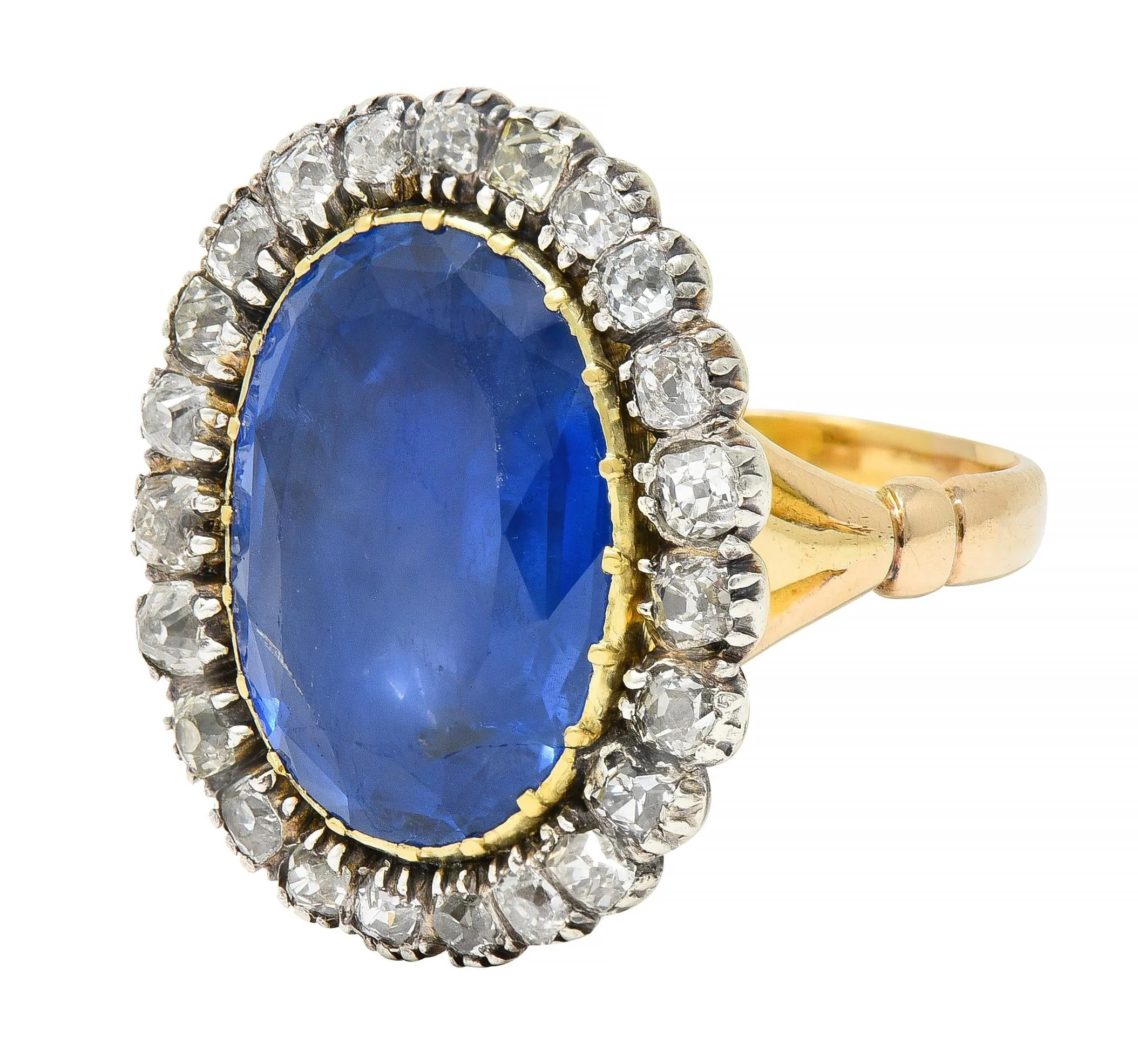 Georgian 13.01 CTW No Heat Burma Sapphire Diamond Silver 14 Karat Antique Gold Halo Ring GIA - Image 5