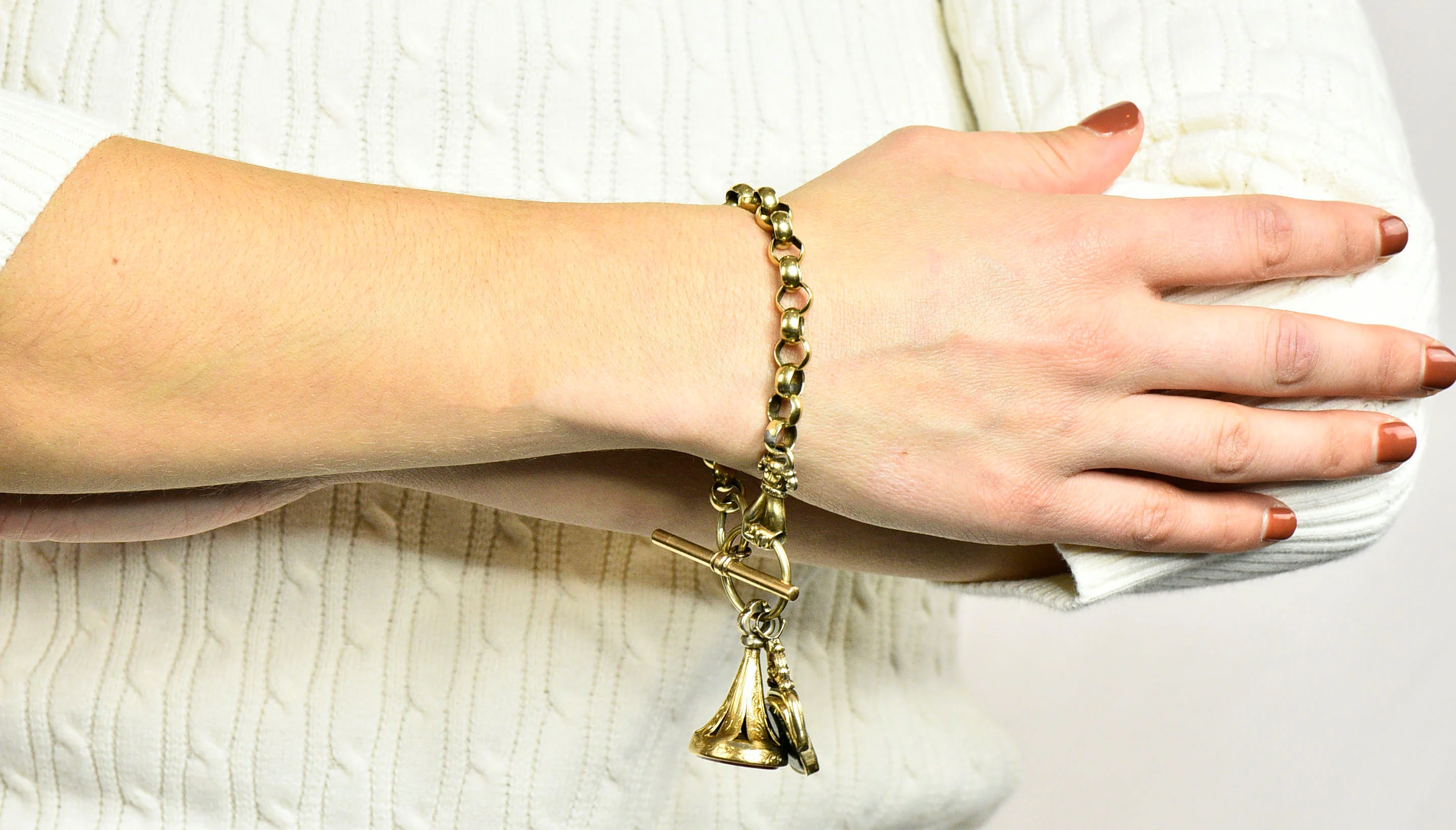 Georgian 14 & 18 Karat Gold Fob Charm Hand Bracelet - Image 11