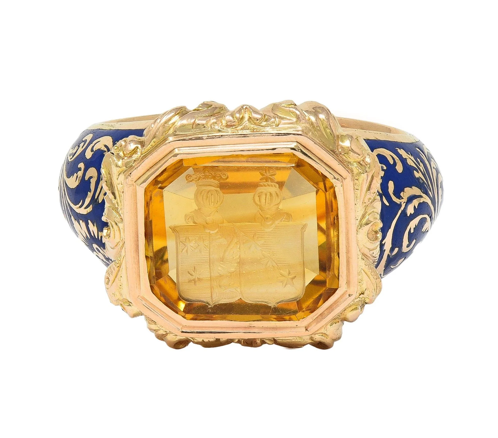 Georgian 1833 Carved Citrine Intaglio Ultramarine Enamel 14 Karat Yellow Gold Antique Unisex Heraldic Signet Ring
