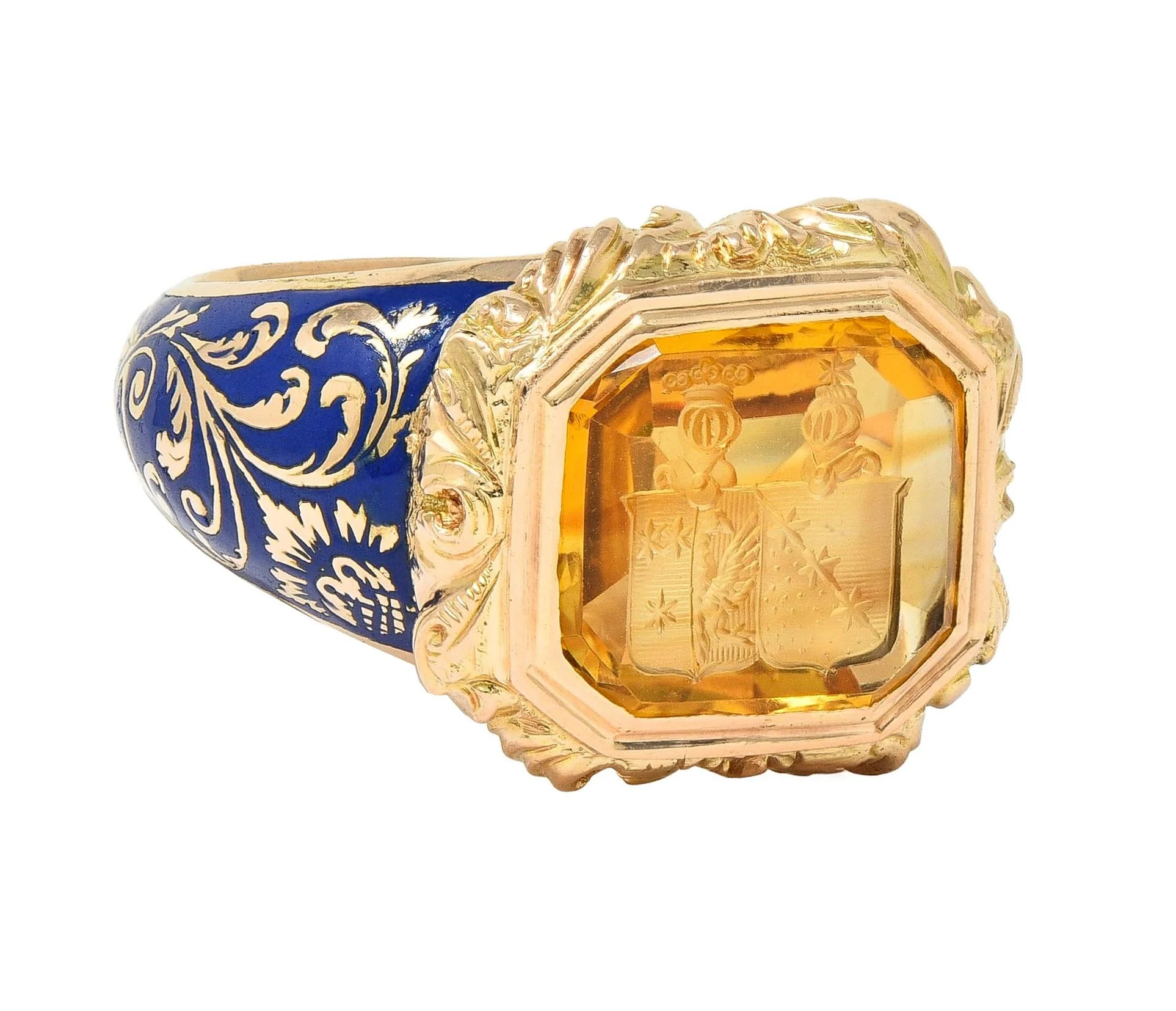 Georgian 1833 Carved Citrine Intaglio Ultramarine Enamel 14 Karat Yellow Gold Antique Unisex Heraldic Signet Ring - Image 2