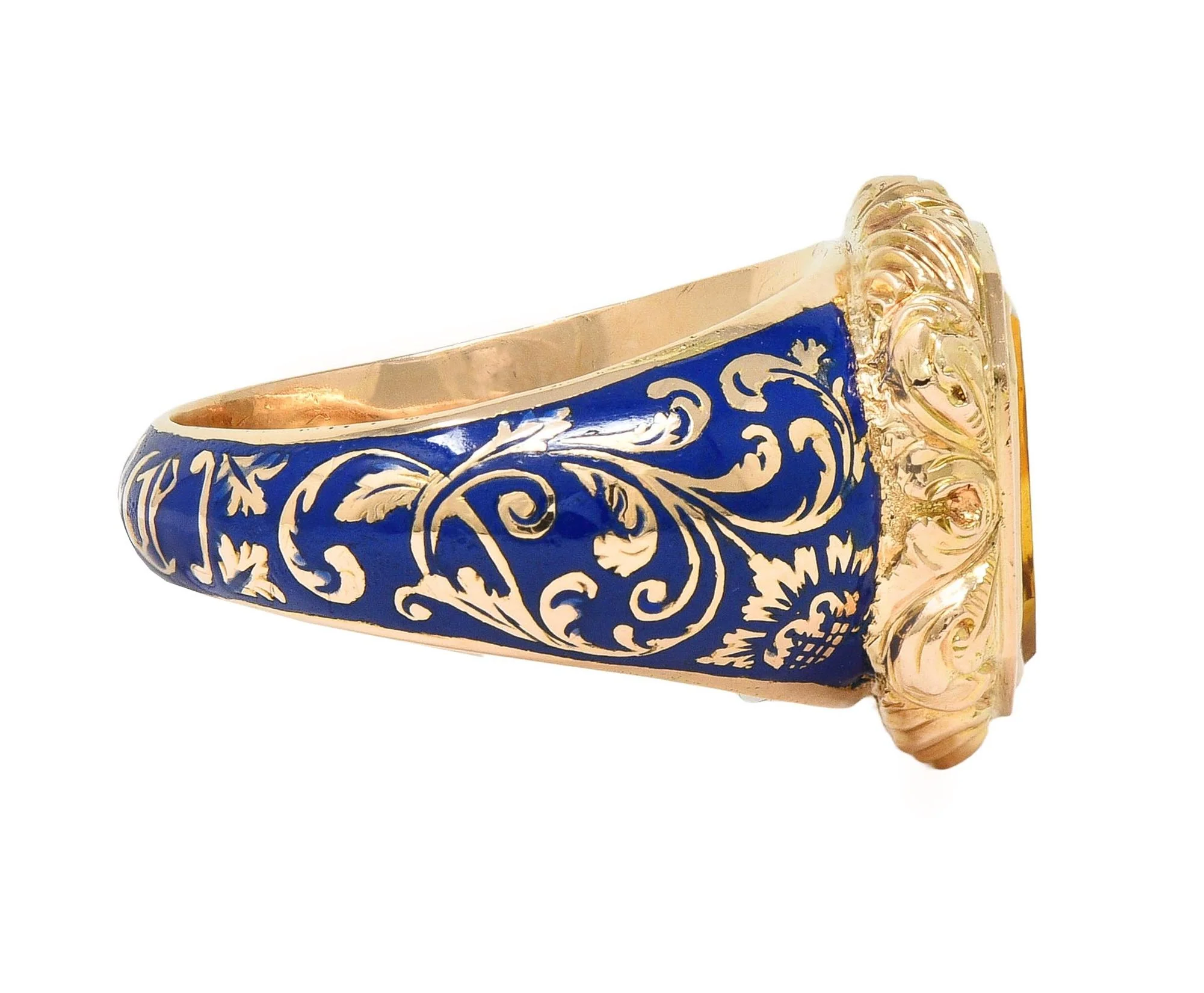 Georgian 1833 Carved Citrine Intaglio Ultramarine Enamel 14 Karat Yellow Gold Antique Unisex Heraldic Signet Ring - Image 3