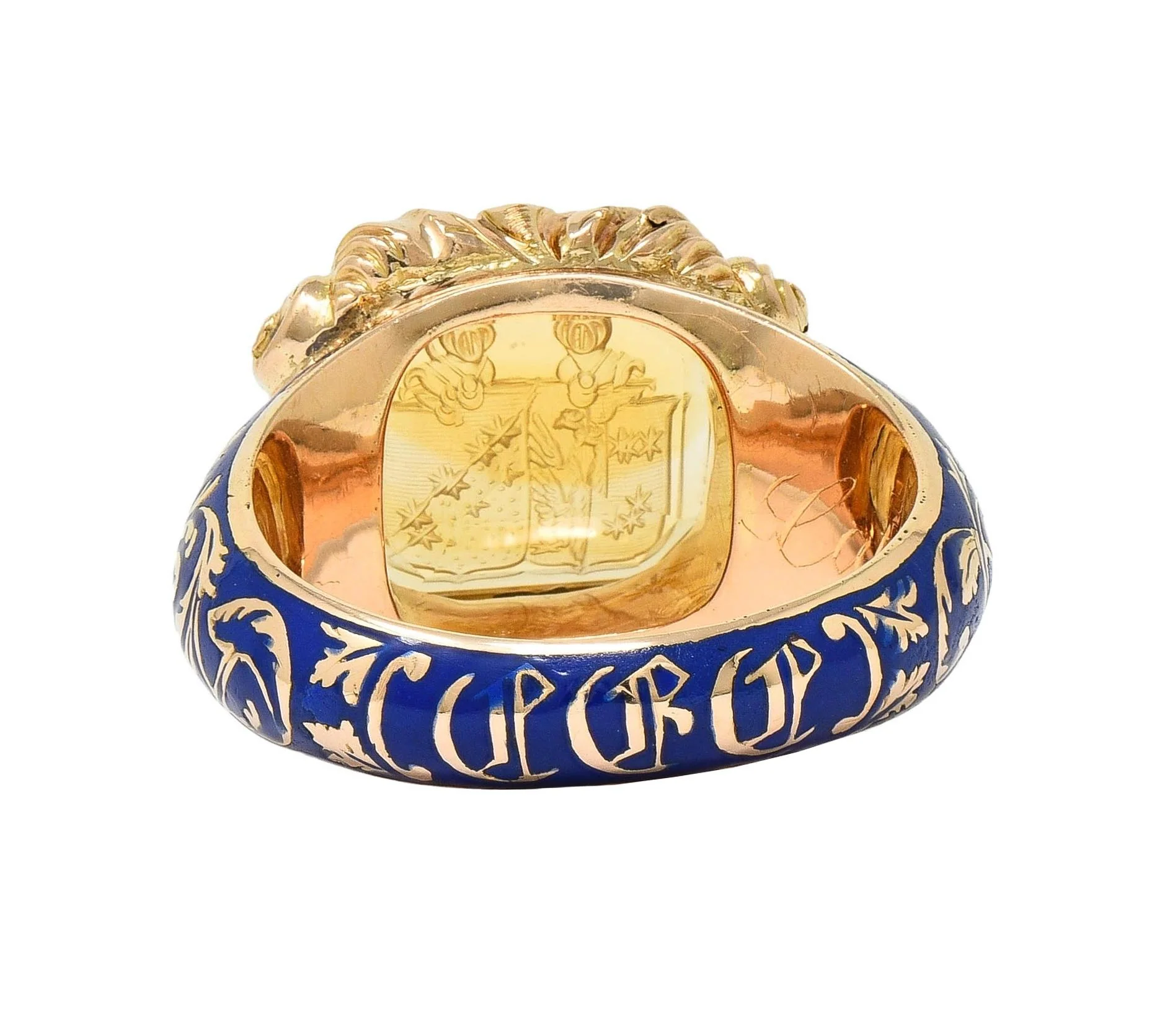 Georgian 1833 Carved Citrine Intaglio Ultramarine Enamel 14 Karat Yellow Gold Antique Unisex Heraldic Signet Ring - Image 4