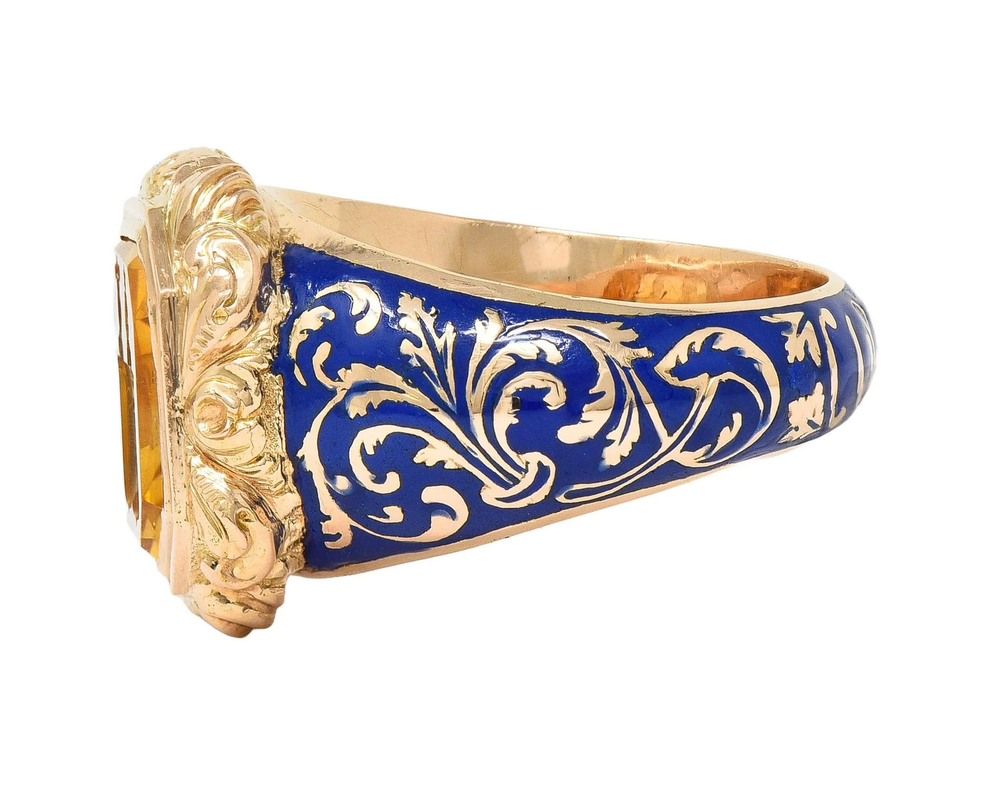 Georgian 1833 Carved Citrine Intaglio Ultramarine Enamel 14 Karat Yellow Gold Antique Unisex Heraldic Signet Ring - Image 5