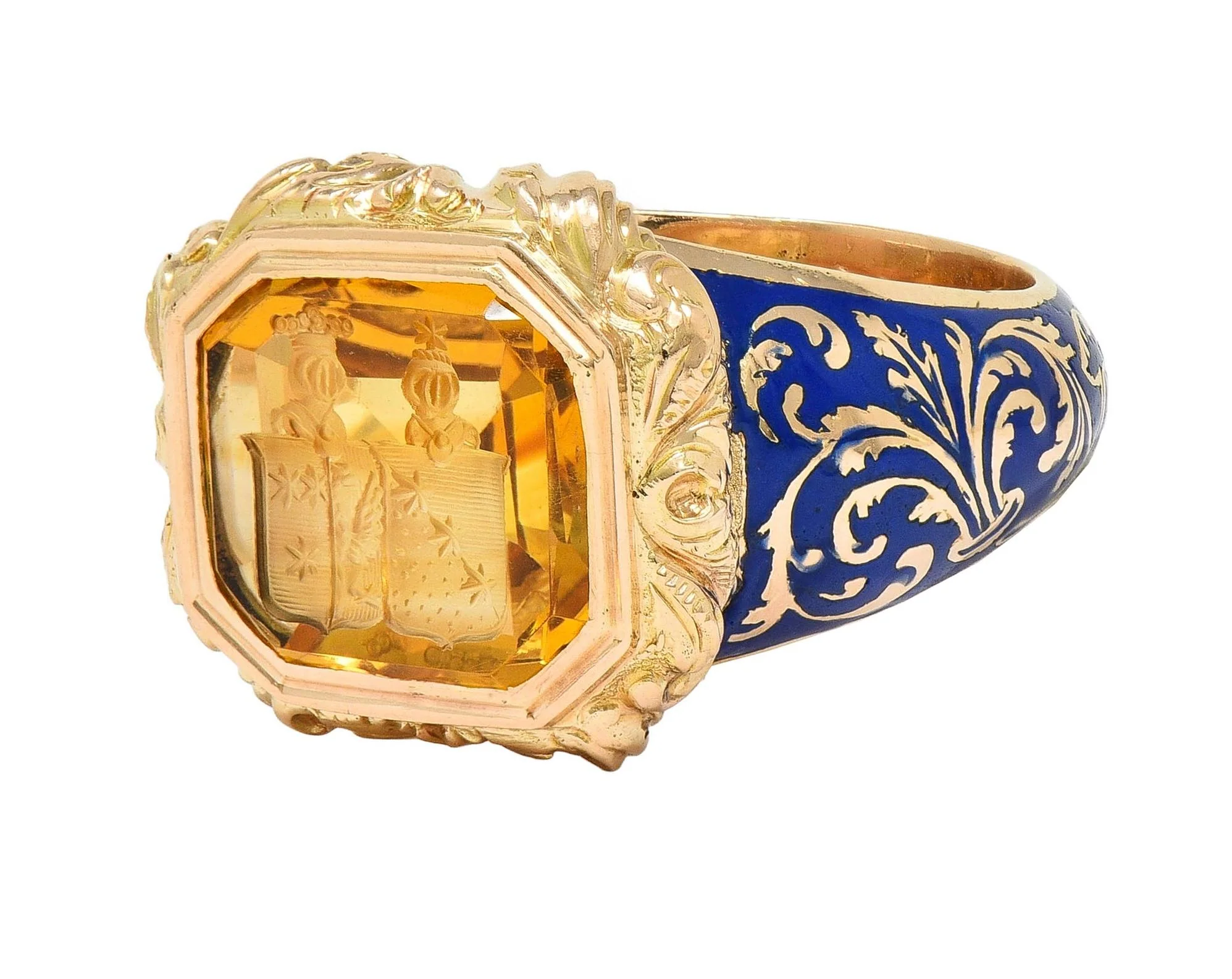 Georgian 1833 Carved Citrine Intaglio Ultramarine Enamel 14 Karat Yellow Gold Antique Unisex Heraldic Signet Ring - Image 6