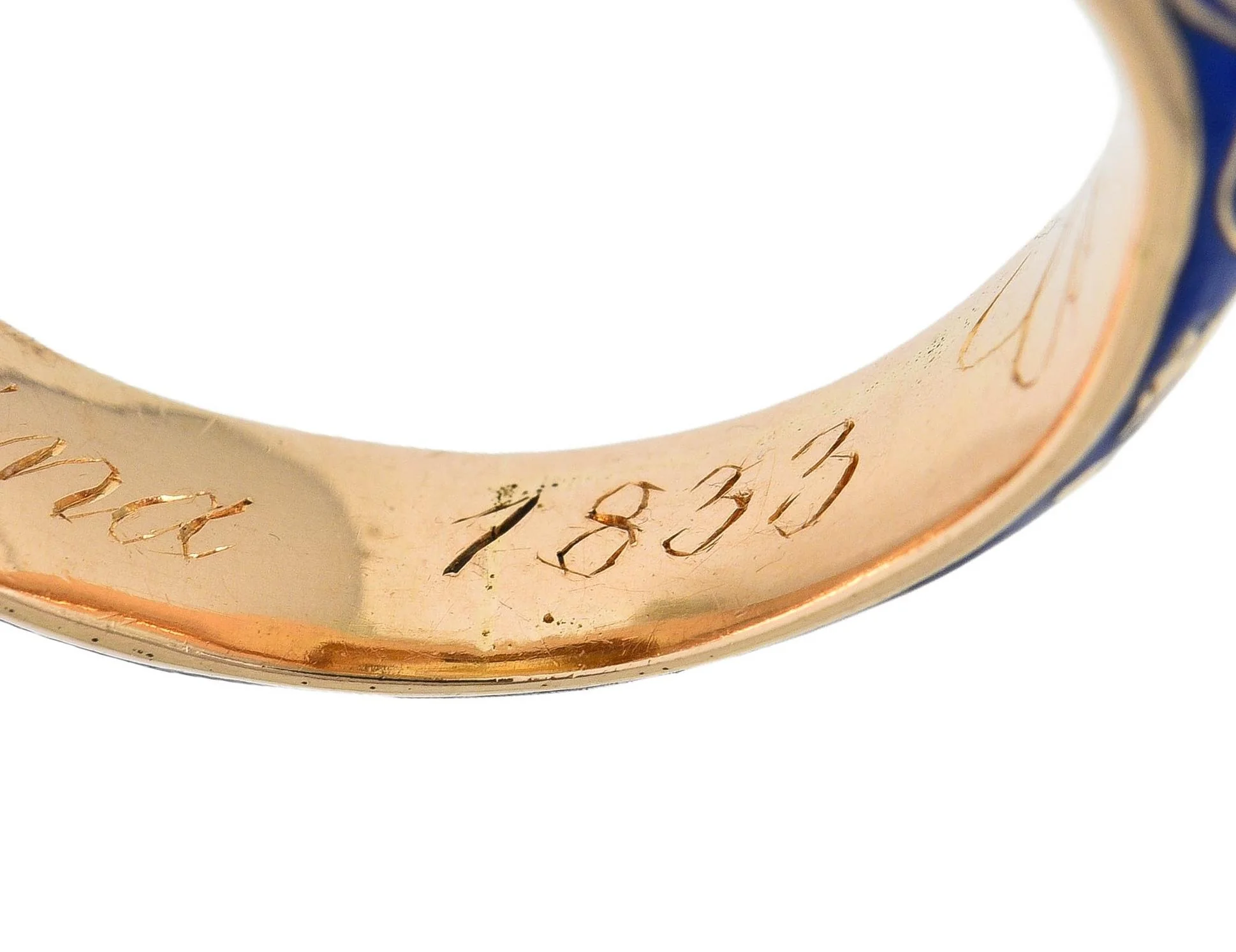 Georgian 1833 Carved Citrine Intaglio Ultramarine Enamel 14 Karat Yellow Gold Antique Unisex Heraldic Signet Ring - Image 8