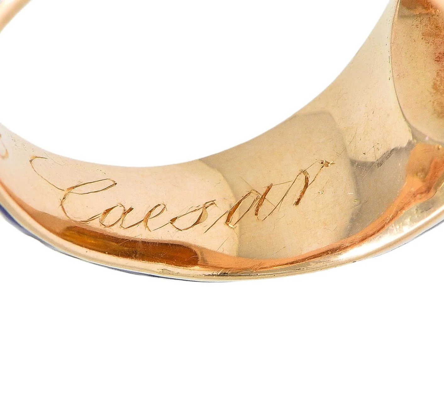 Georgian 1833 Carved Citrine Intaglio Ultramarine Enamel 14 Karat Yellow Gold Antique Unisex Heraldic Signet Ring - Image 9