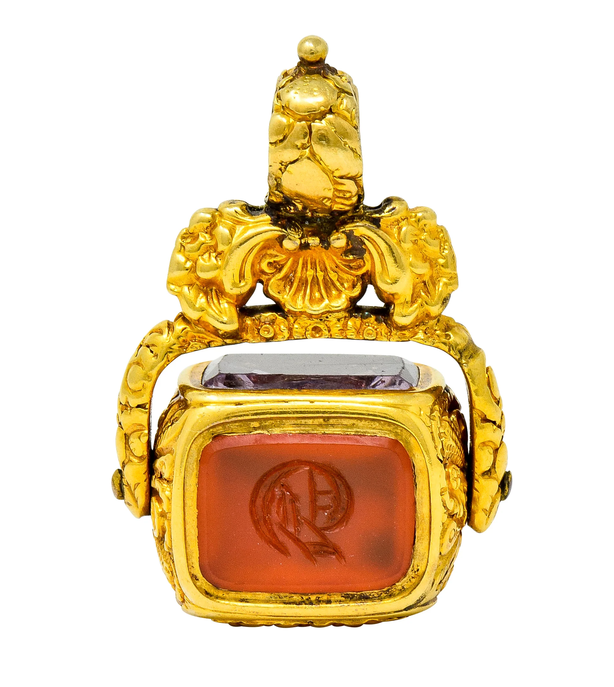 Georgian Amethyst Carnelian Citrine 18 Karat Gold Rotating Fob Pendant - Image 4