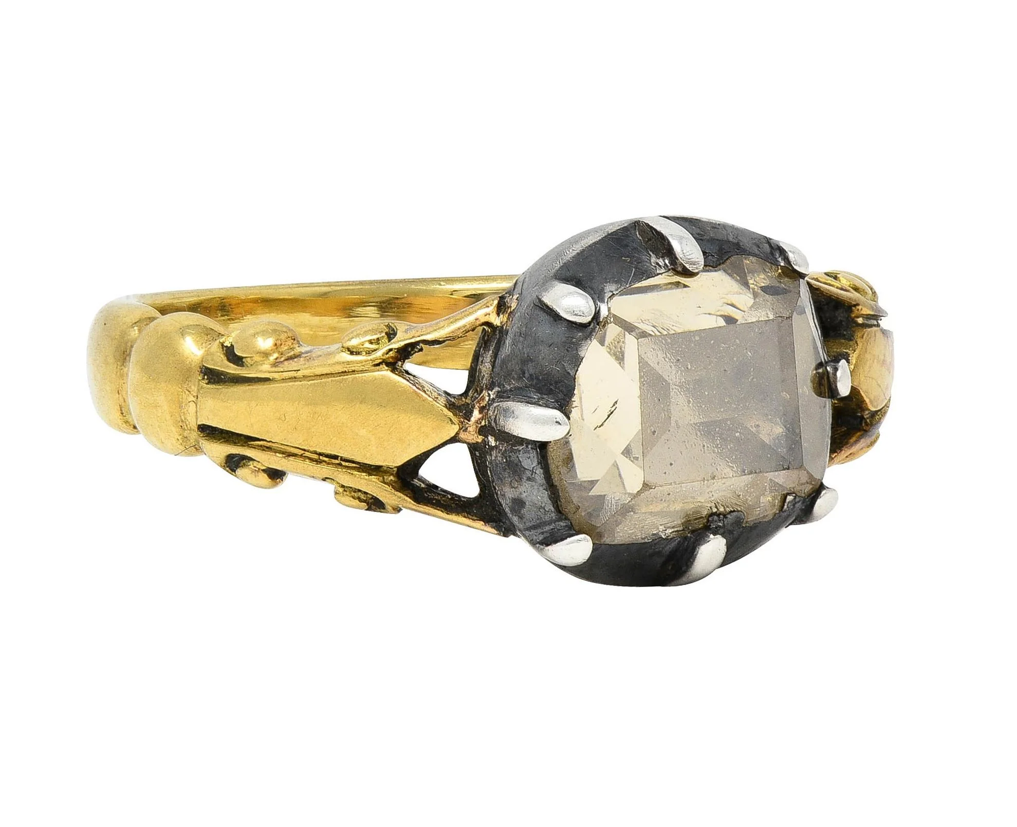 Georgian Foil Backed Diamond 18 Karat Yellow Gold Silver Colette Fleur-De-Lis Antique Ring - Image 2