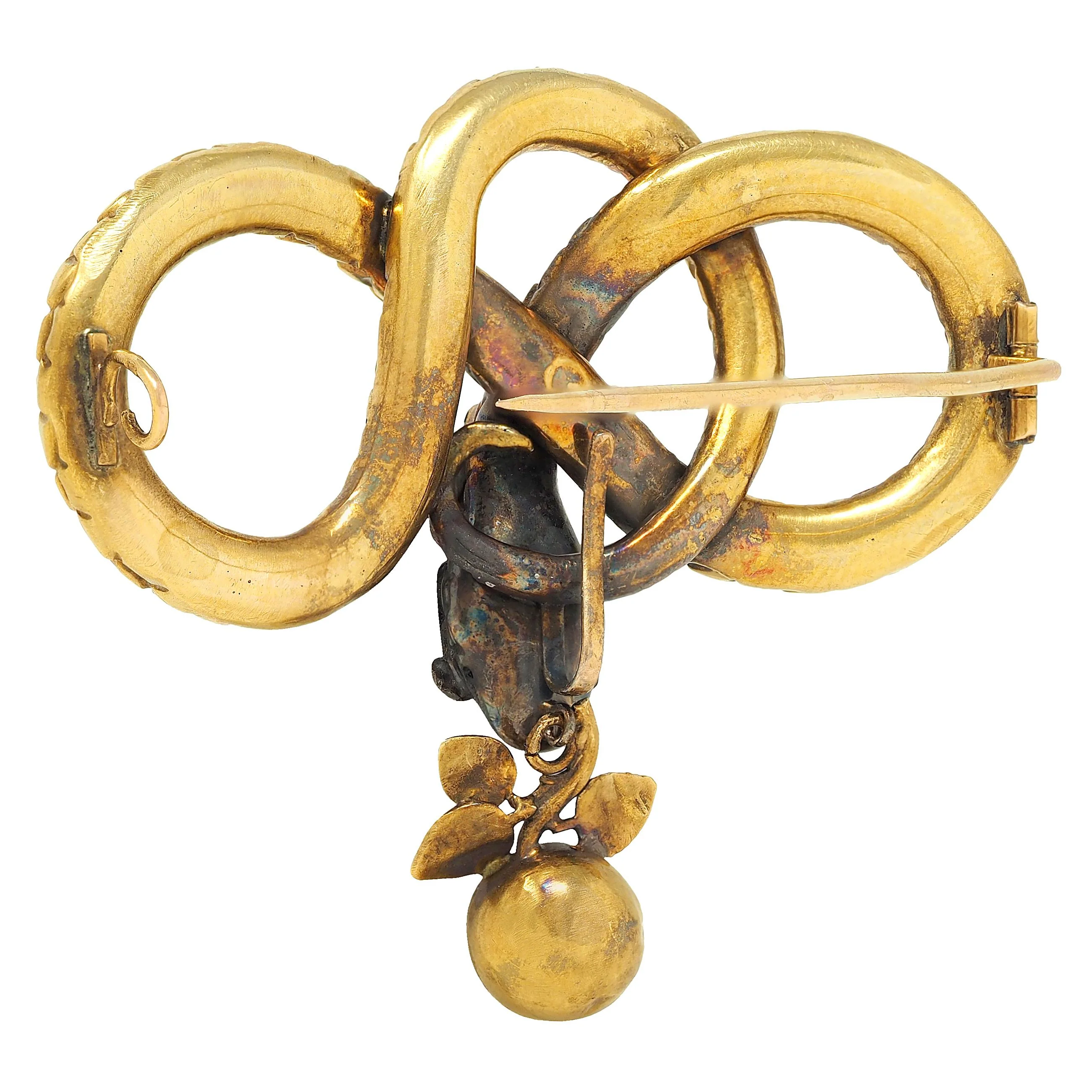 Georgian French Ruby Diamond 18 Karat Yellow Gold Antique Snake Knot Unisex Brooch - Image 6