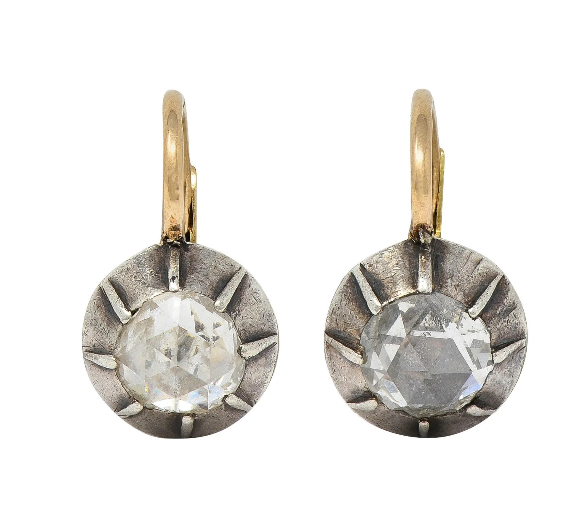 Georgian Rose Cut Diamond Silver 14 Karat Yellow Gold Antique Collete Earrings