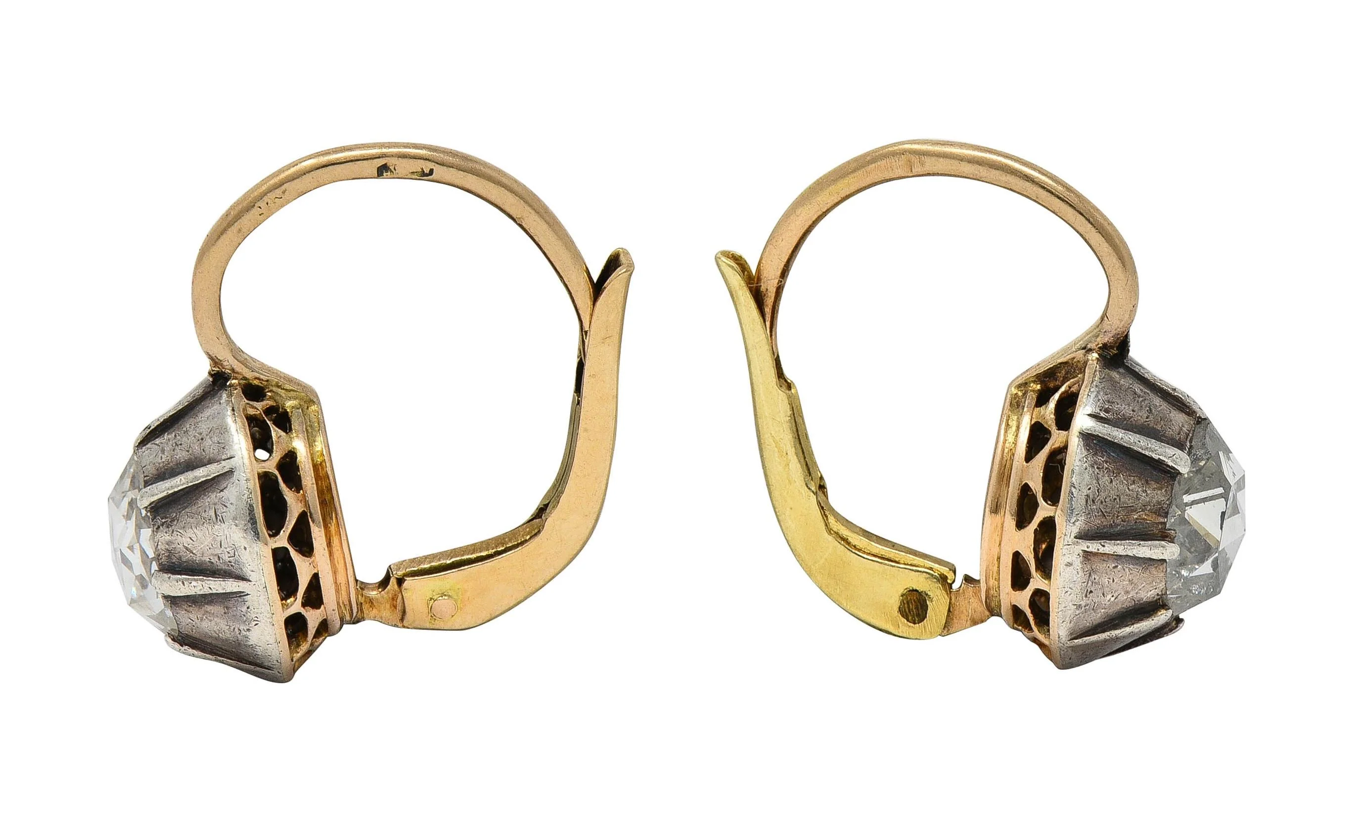 Georgian Rose Cut Diamond Silver 14 Karat Yellow Gold Antique Collete Earrings - Image 3