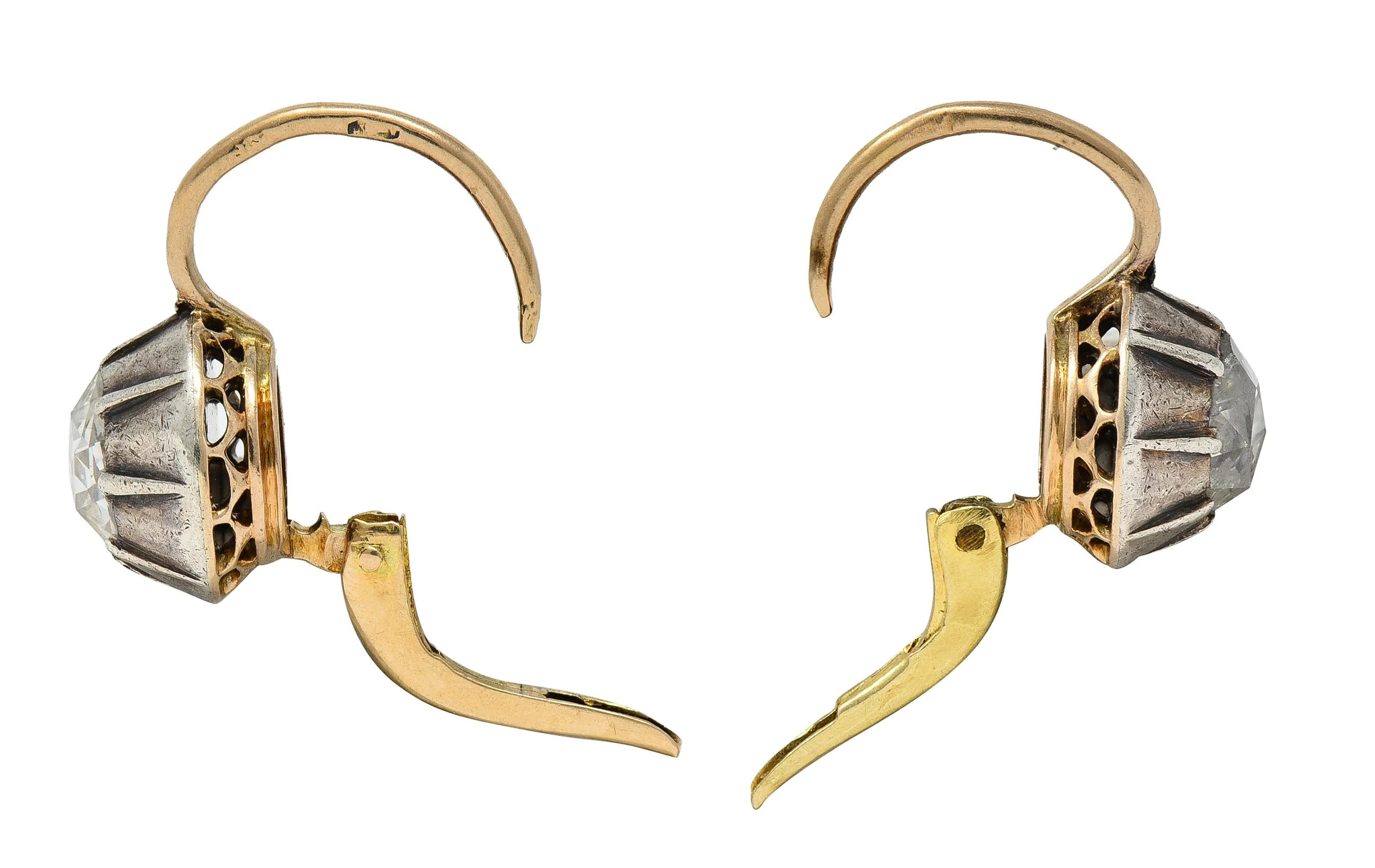 Georgian Rose Cut Diamond Silver 14 Karat Yellow Gold Antique Collete Earrings - Image 5