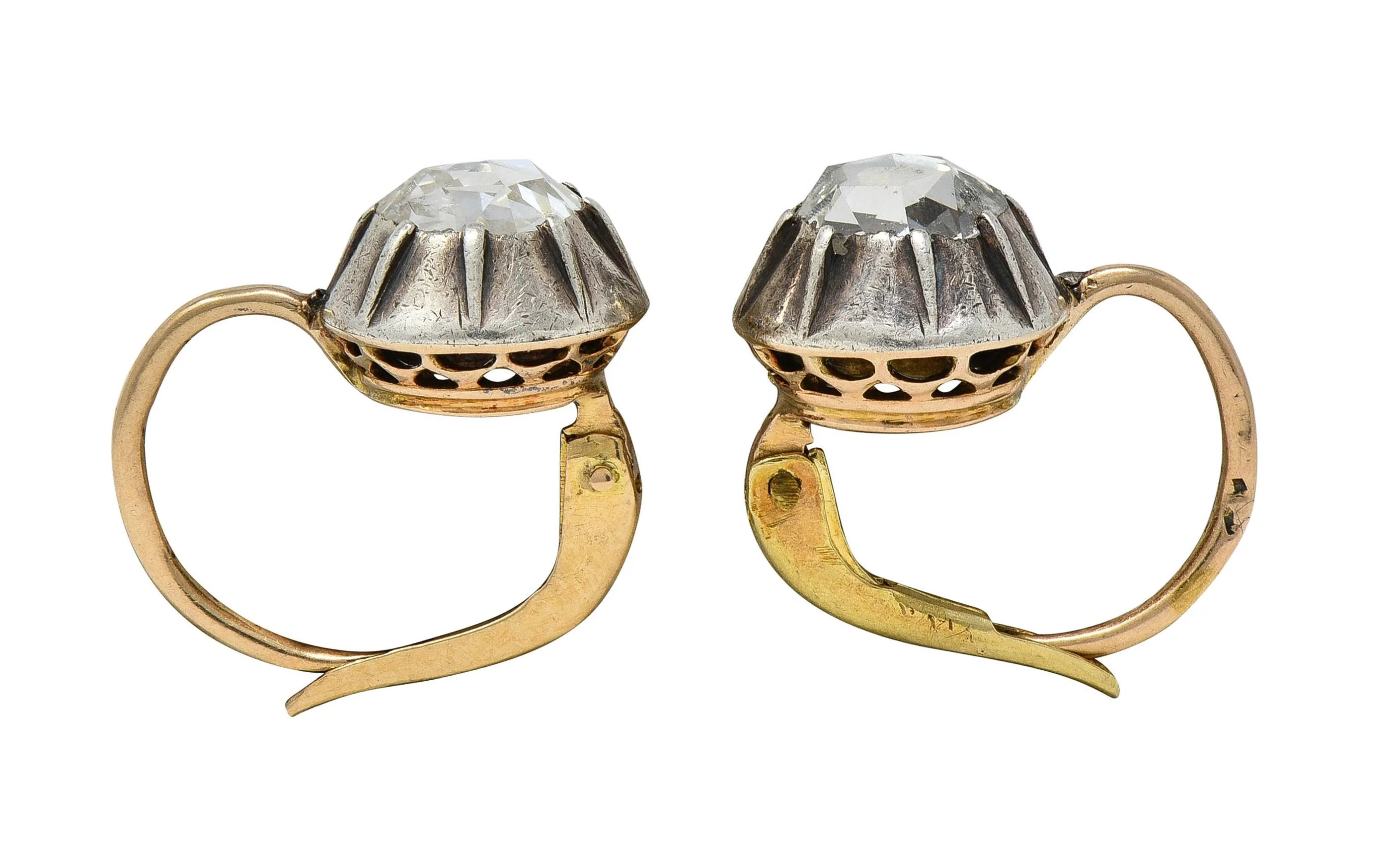 Georgian Rose Cut Diamond Silver 14 Karat Yellow Gold Antique Collete Earrings - Image 6