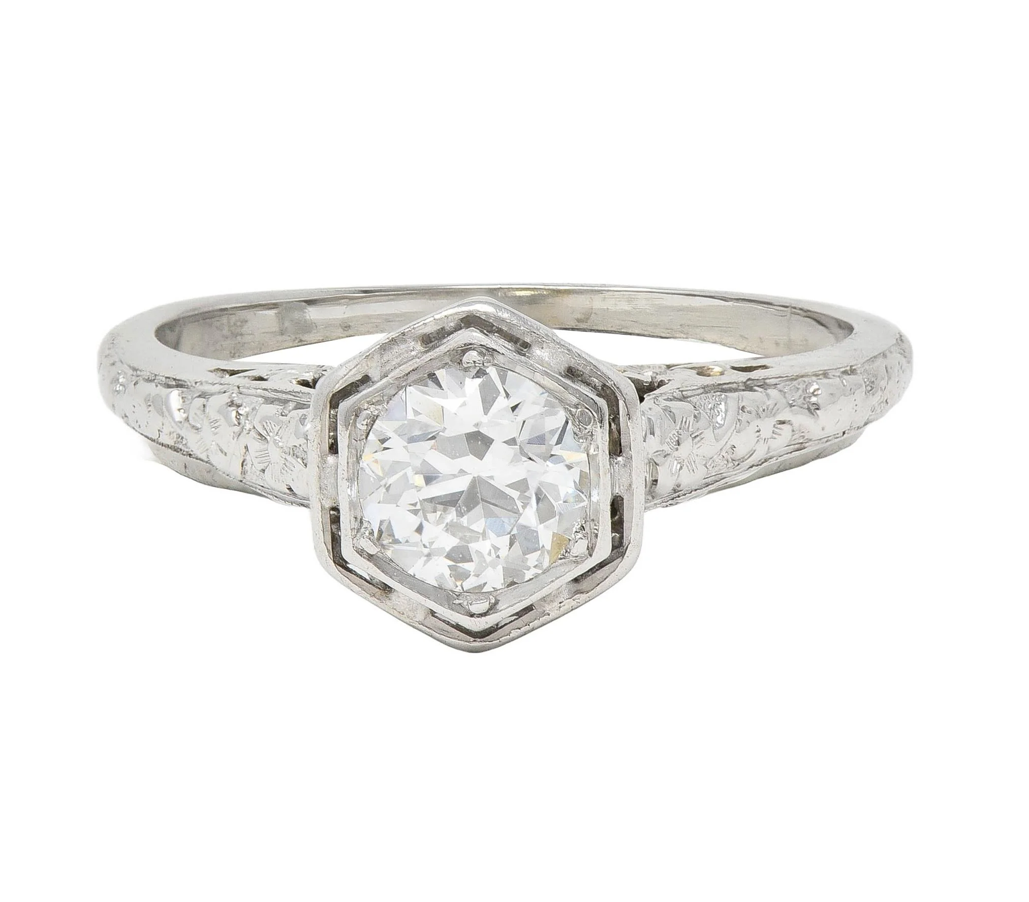 Glaser Bros. Art Deco 0.60 CTW Old European Diamond 18 Karat White Vintage Floral Engagement Ring