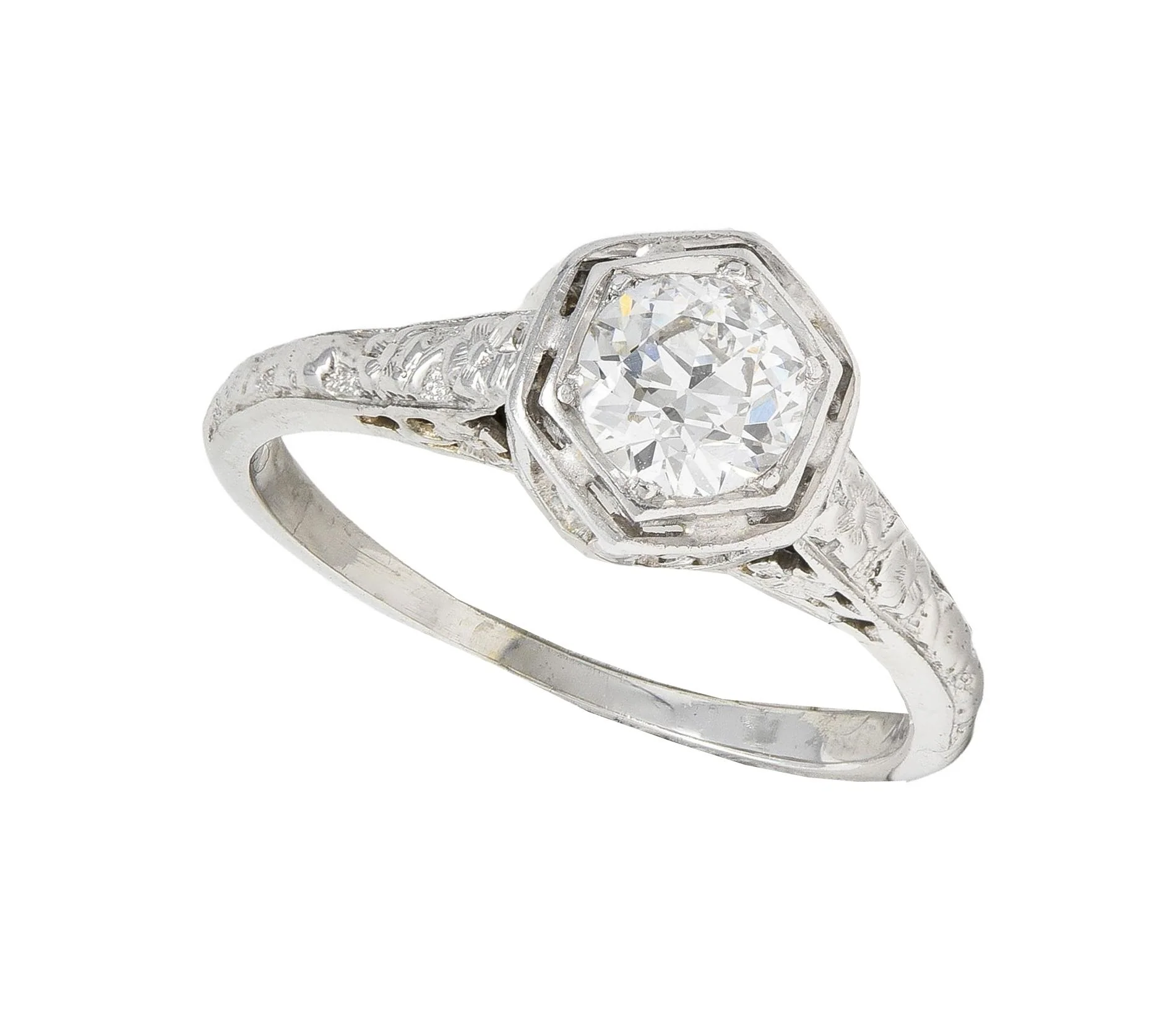 Glaser Bros. Art Deco 0.60 CTW Old European Diamond 18 Karat White Vintage Floral Engagement Ring - Image 11