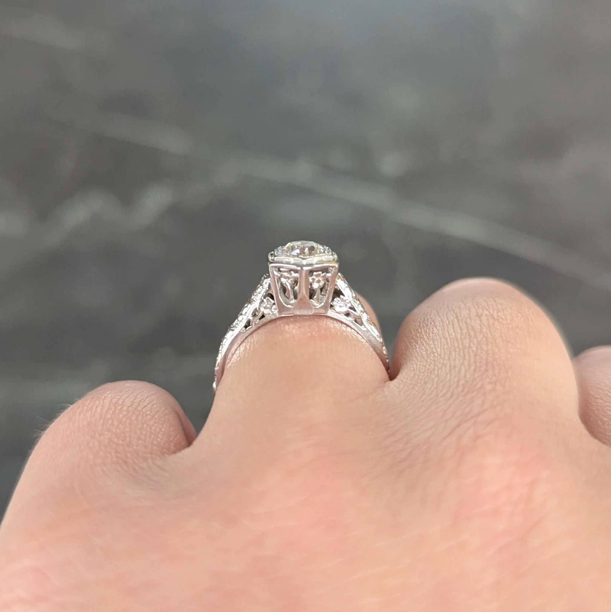 Glaser Bros. Art Deco 0.60 CTW Old European Diamond 18 Karat White Vintage Floral Engagement Ring - Image 13