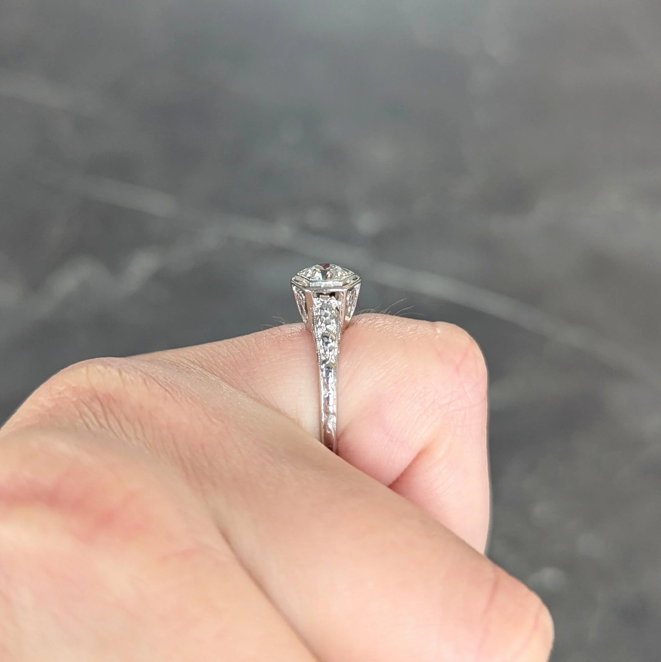 Glaser Bros. Art Deco 0.60 CTW Old European Diamond 18 Karat White Vintage Floral Engagement Ring - Image 14