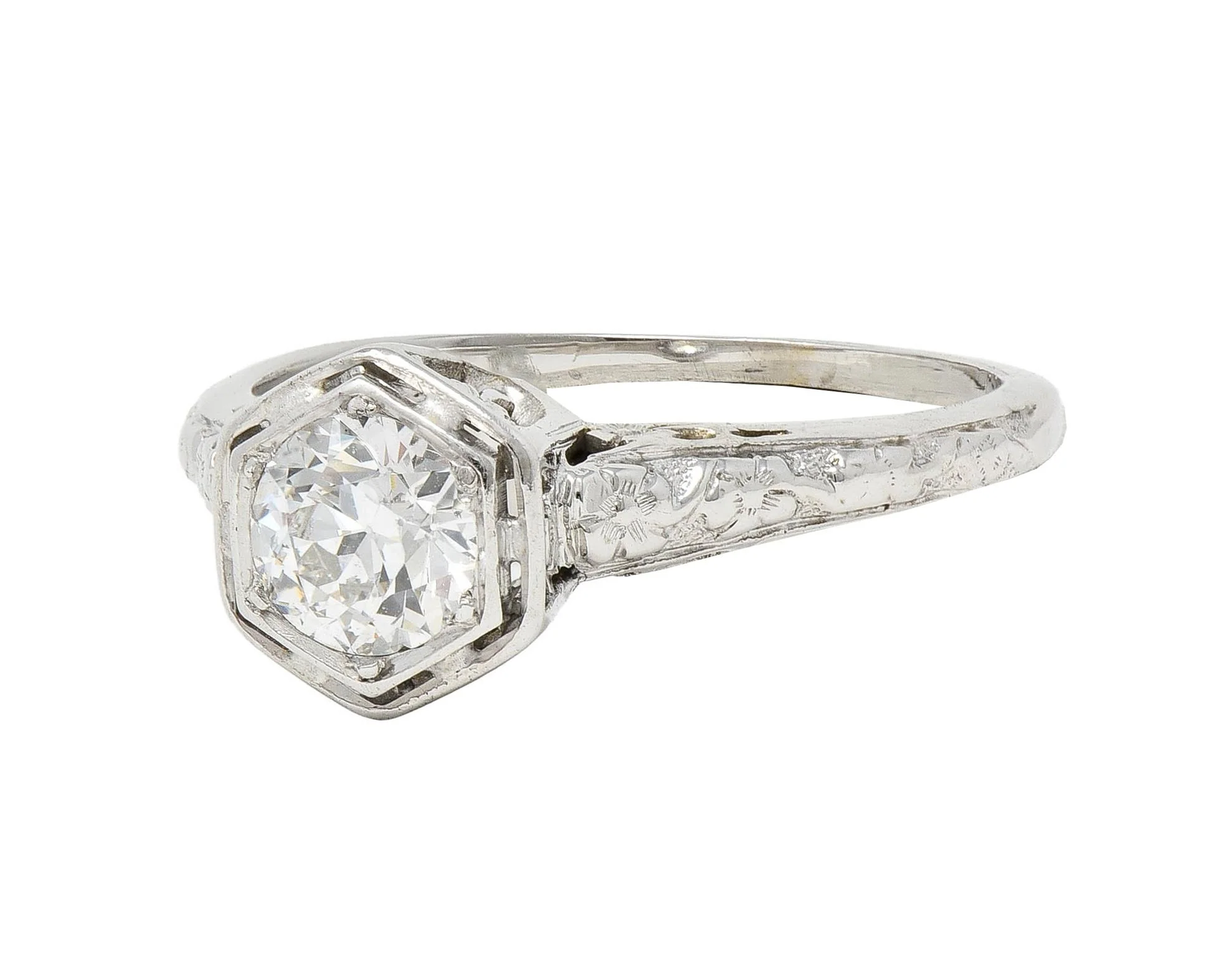 Glaser Bros. Art Deco 0.60 CTW Old European Diamond 18 Karat White Vintage Floral Engagement Ring - Image 7