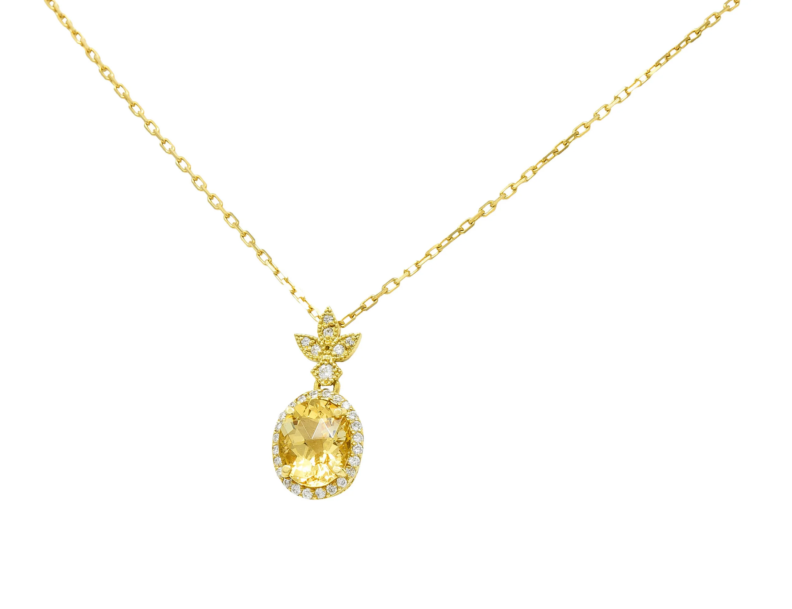 Golden Heliodor Diamond 18 Karat Yellow Gold Foliate Pendant Necklace - Image 11