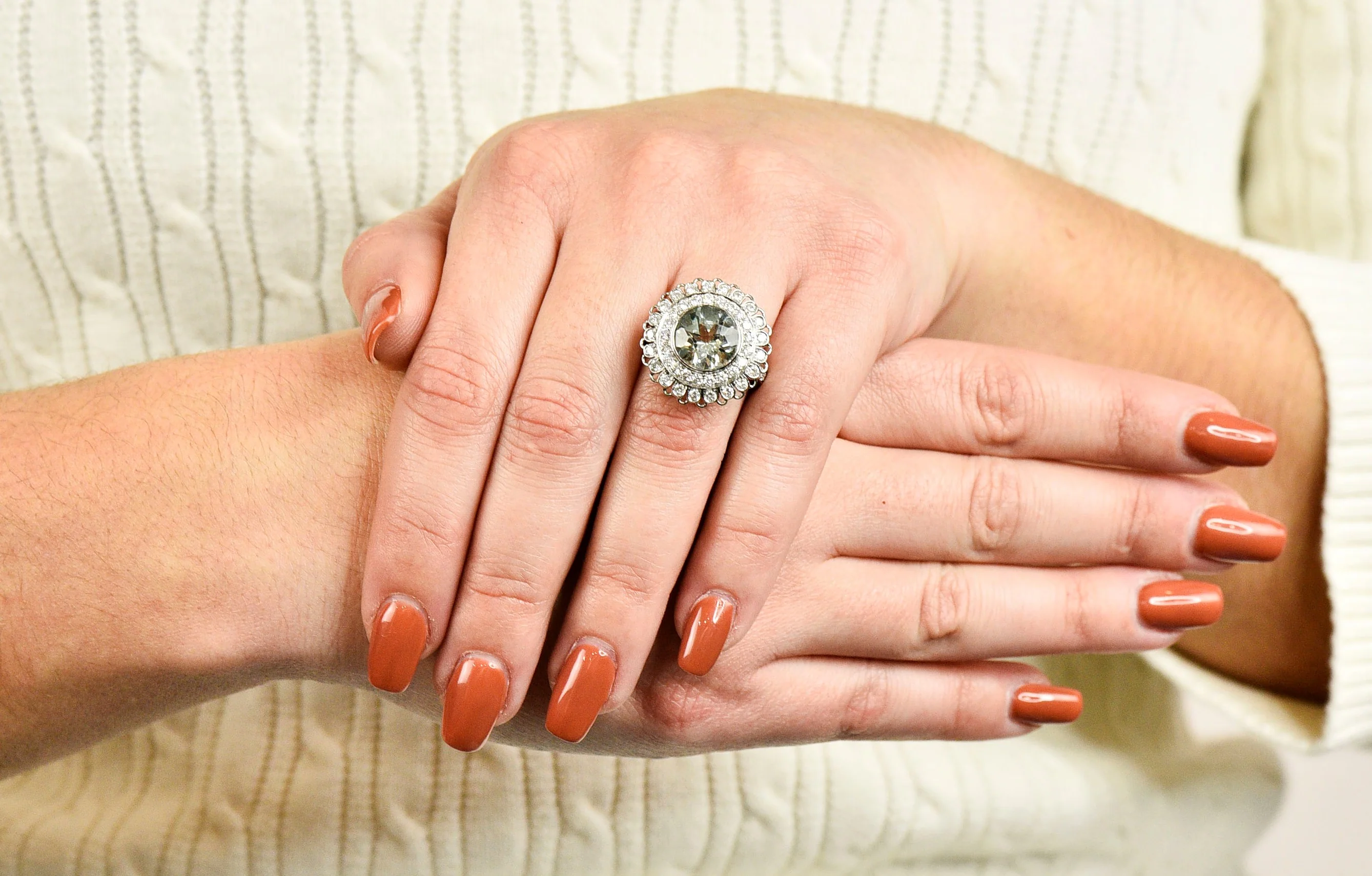 Green Beryl Diamond Platinum Floral Cluster Statement Ring - Image 12