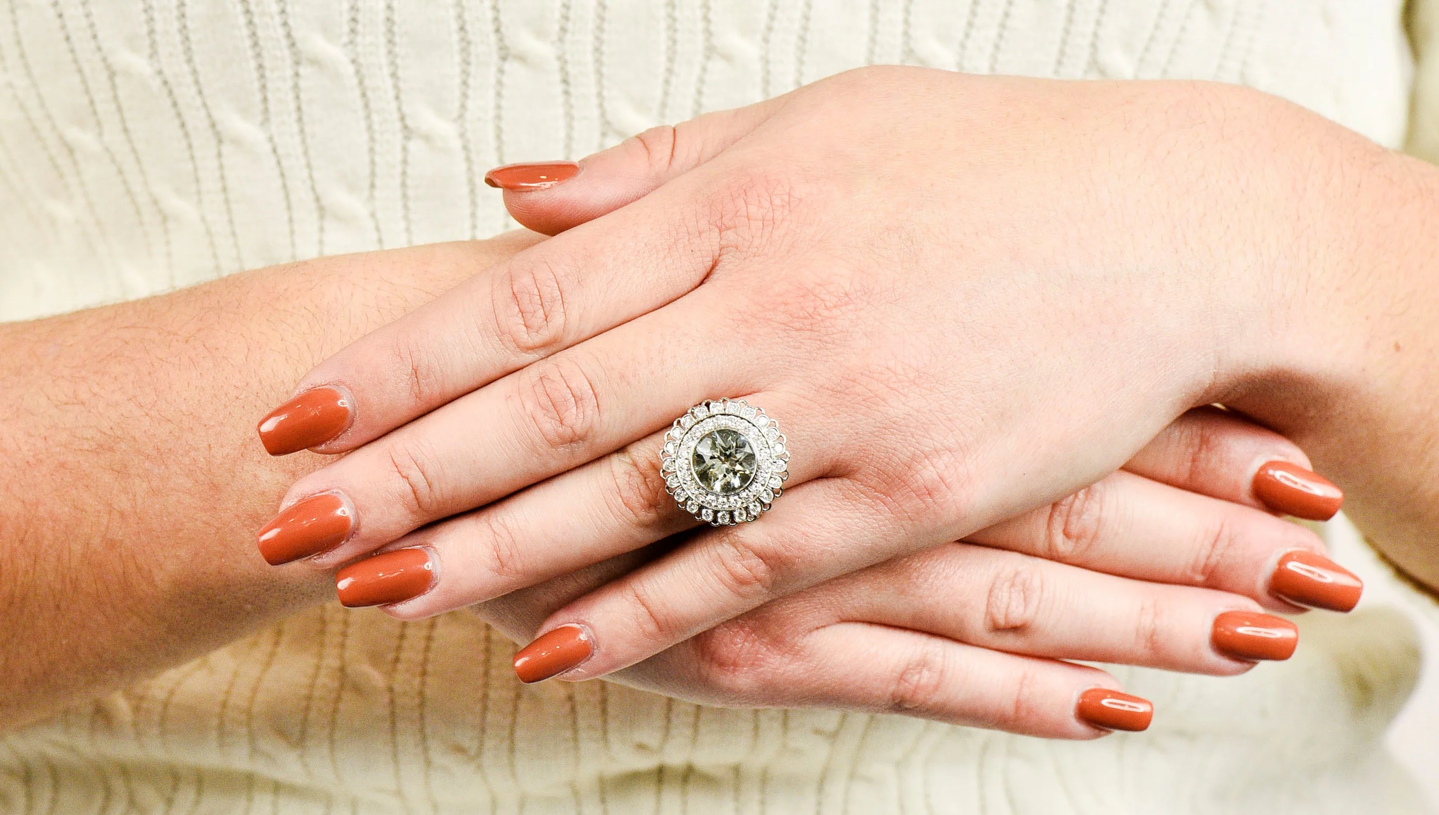 Green Beryl Diamond Platinum Floral Cluster Statement Ring - Image 14