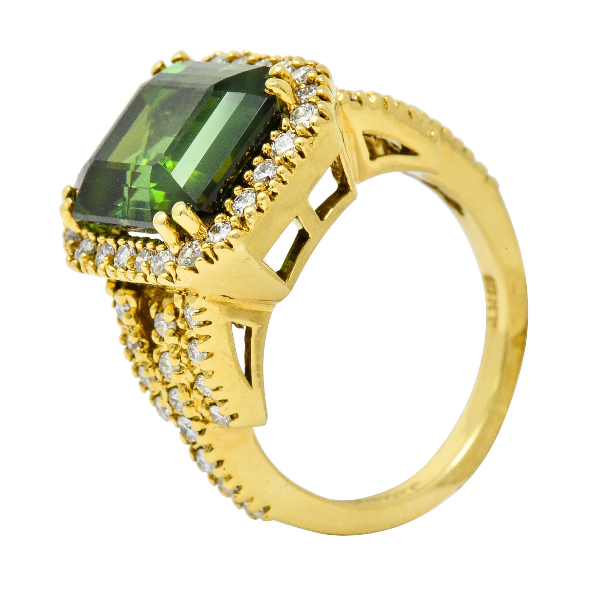 Green Tourmaline Diamond Halo 18 Karat Gold Cocktail Ring - Image 11