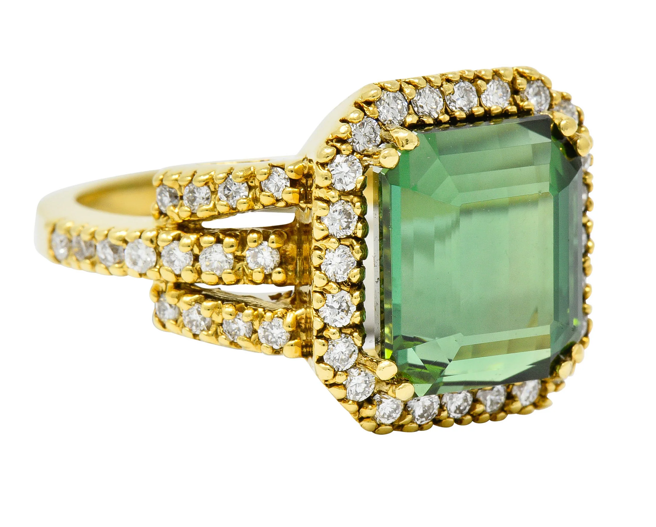 Green Tourmaline Diamond Halo 18 Karat Gold Cocktail Ring - Image 2