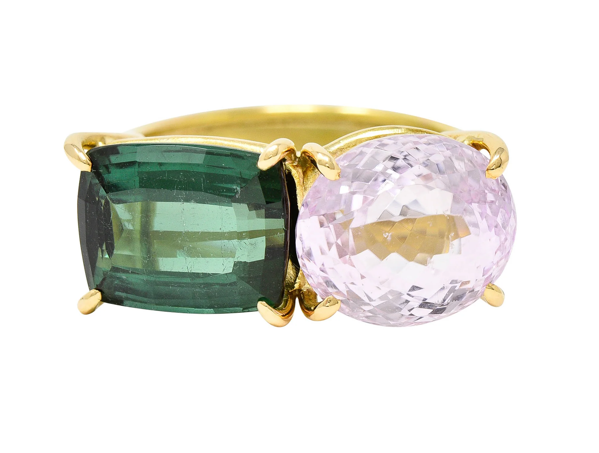 Green Tourmaline Kunzite 14 Karat Gold Double Gemstone Ring - Image 2