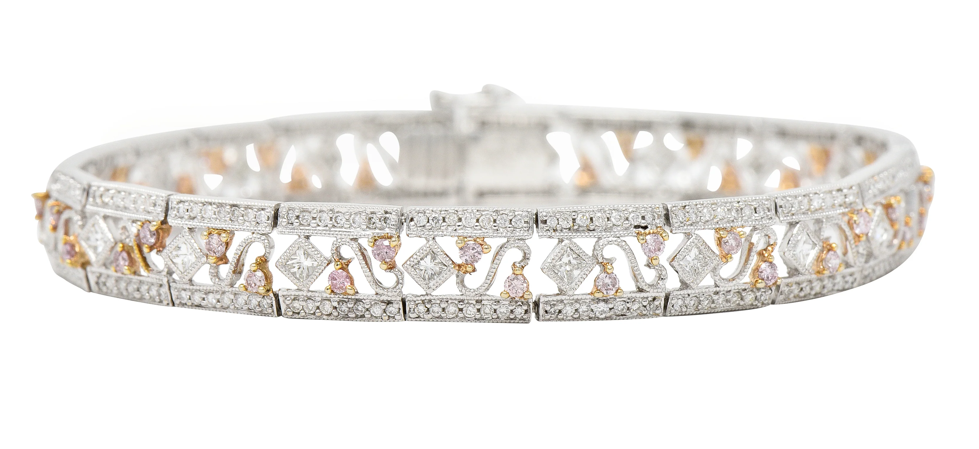 Gregg Ruth Contemporary 2.32 Pink Diamond 18 Karat Two-Tone Gold Swirling Line Bracelet - Image 3