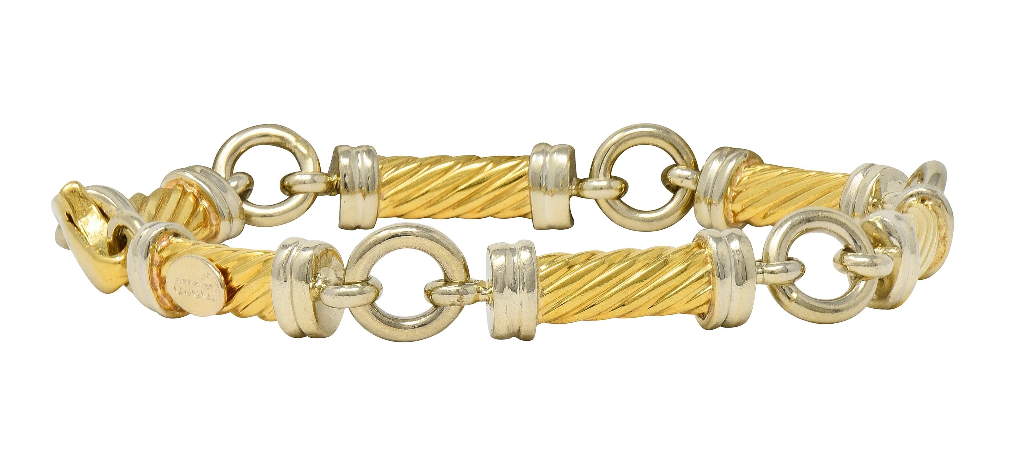 Gucci 1990's 18 Karat Two-Tone Yellow White Gold Vintage Twisted Column Link Bracelet - Image 11