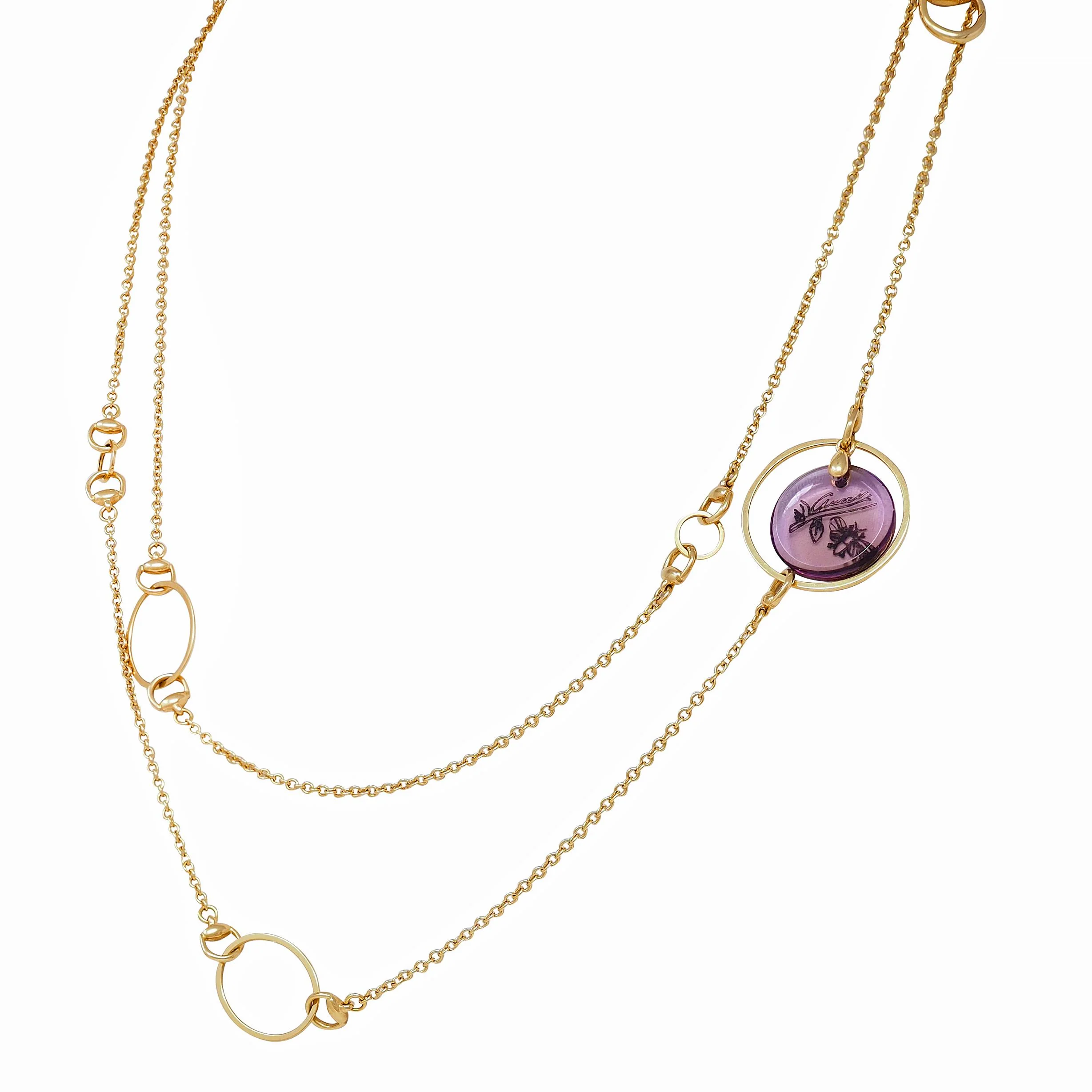 Gucci 2000's Amethyst 18 Karat Yellow Gold Flora Bee Horsebit Station Necklace - Image 6