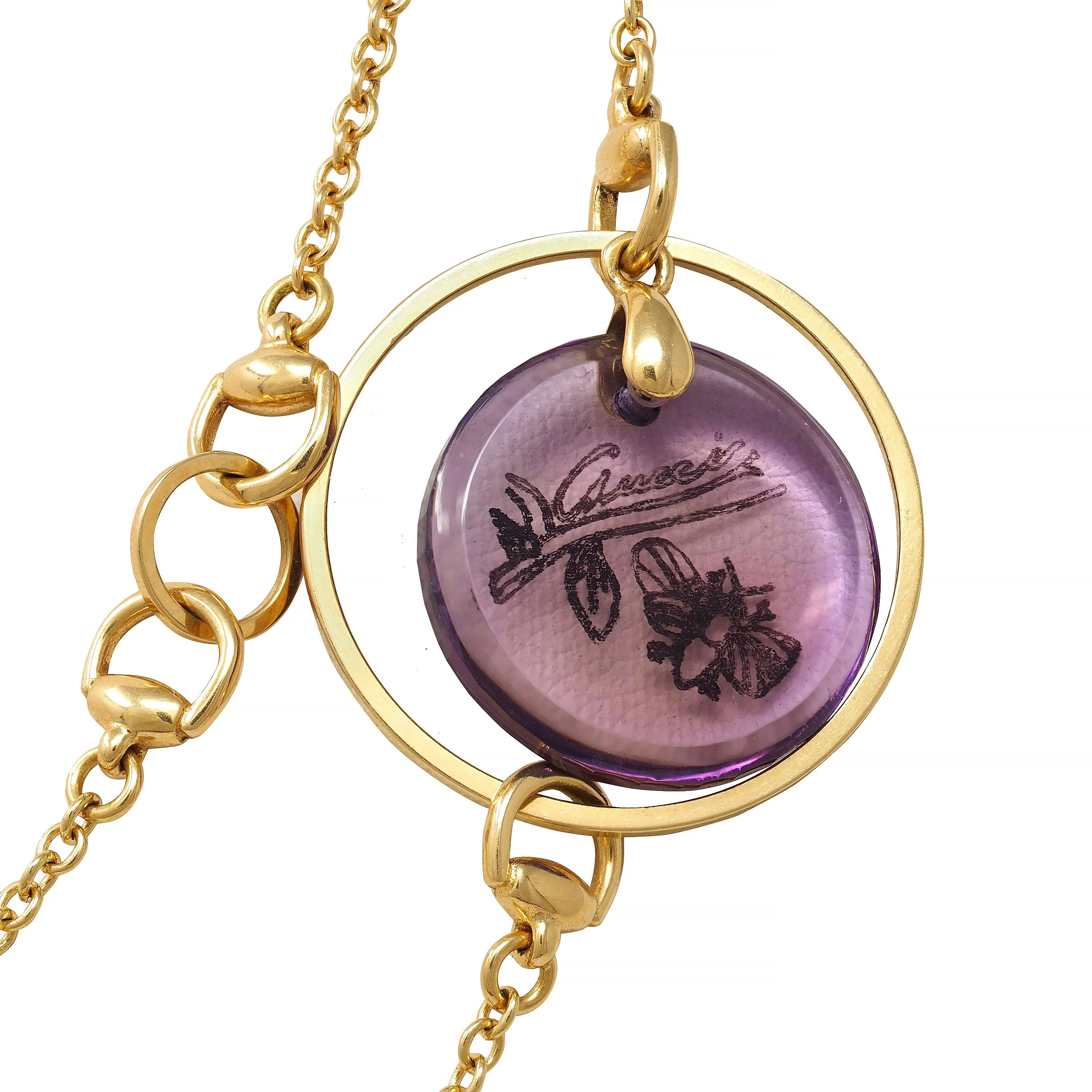 Gucci 2000's Amethyst 18 Karat Yellow Gold Flora Bee Horsebit Station Necklace - Image 8